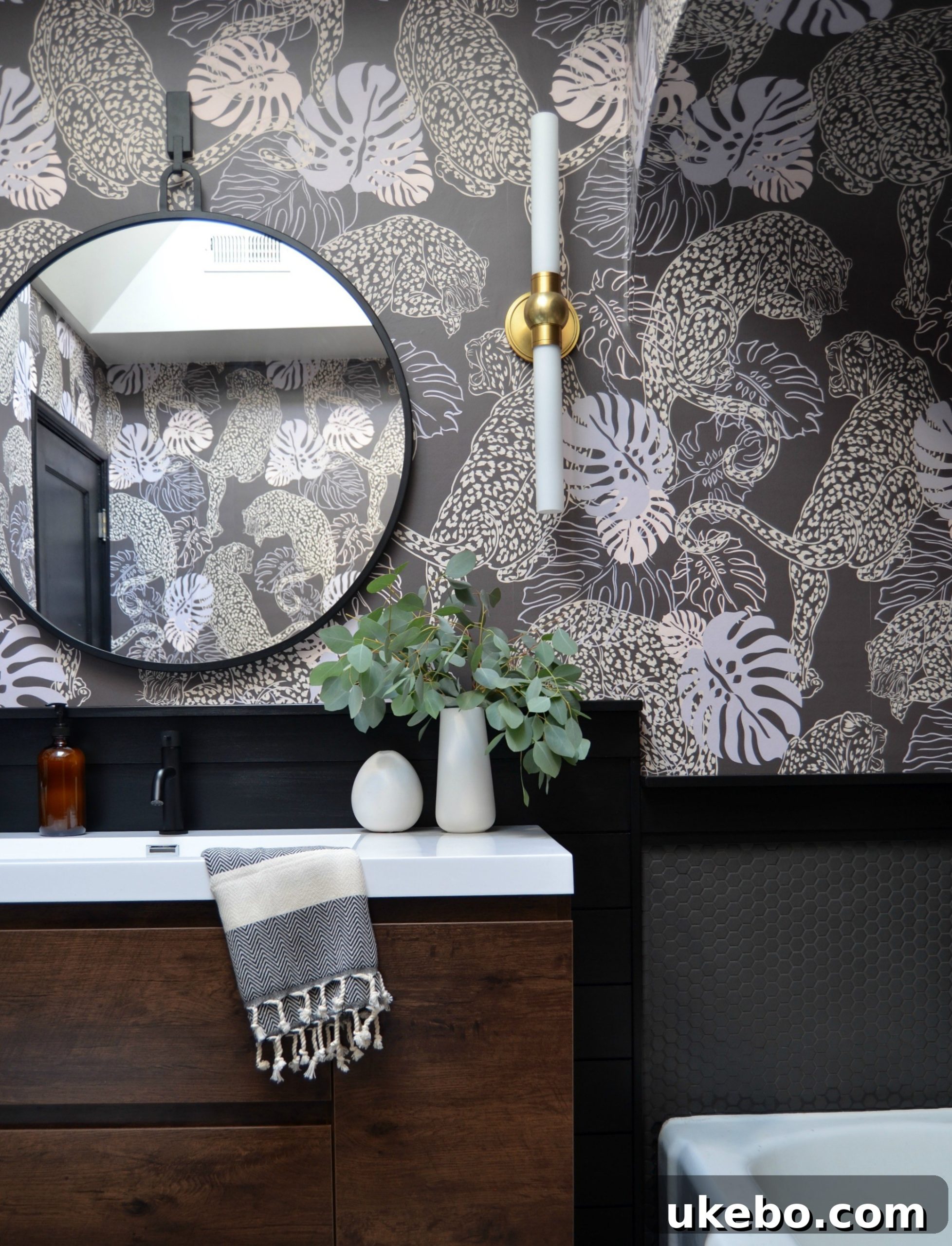The Grand Reveal One Room Challenge Week 6 9 Close-up of the vanity area featuring unique wallpaper and mirror