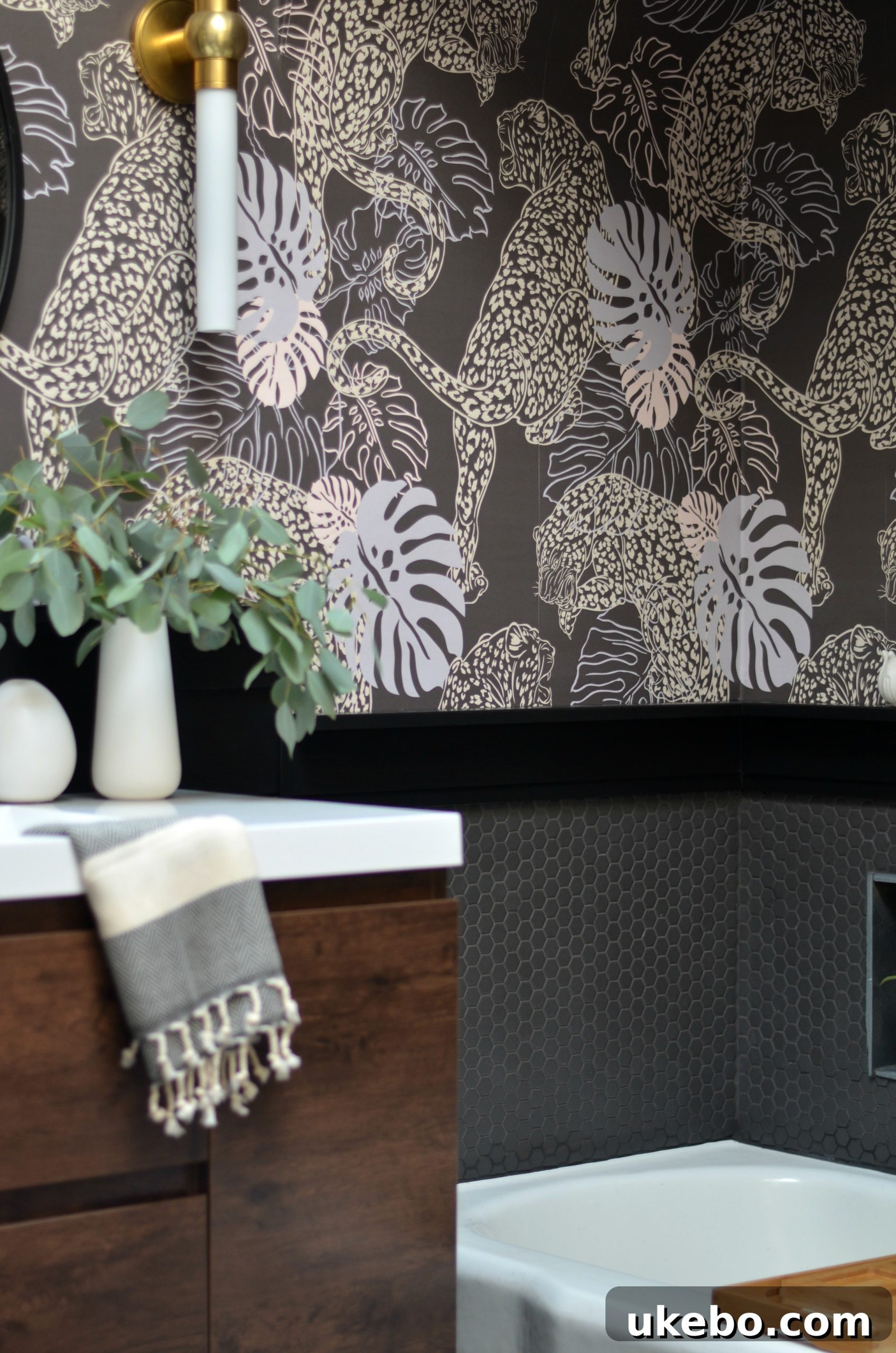 The Grand Reveal One Room Challenge Week 6 10 Elegant leopard print wallpaper details with black wainscoting