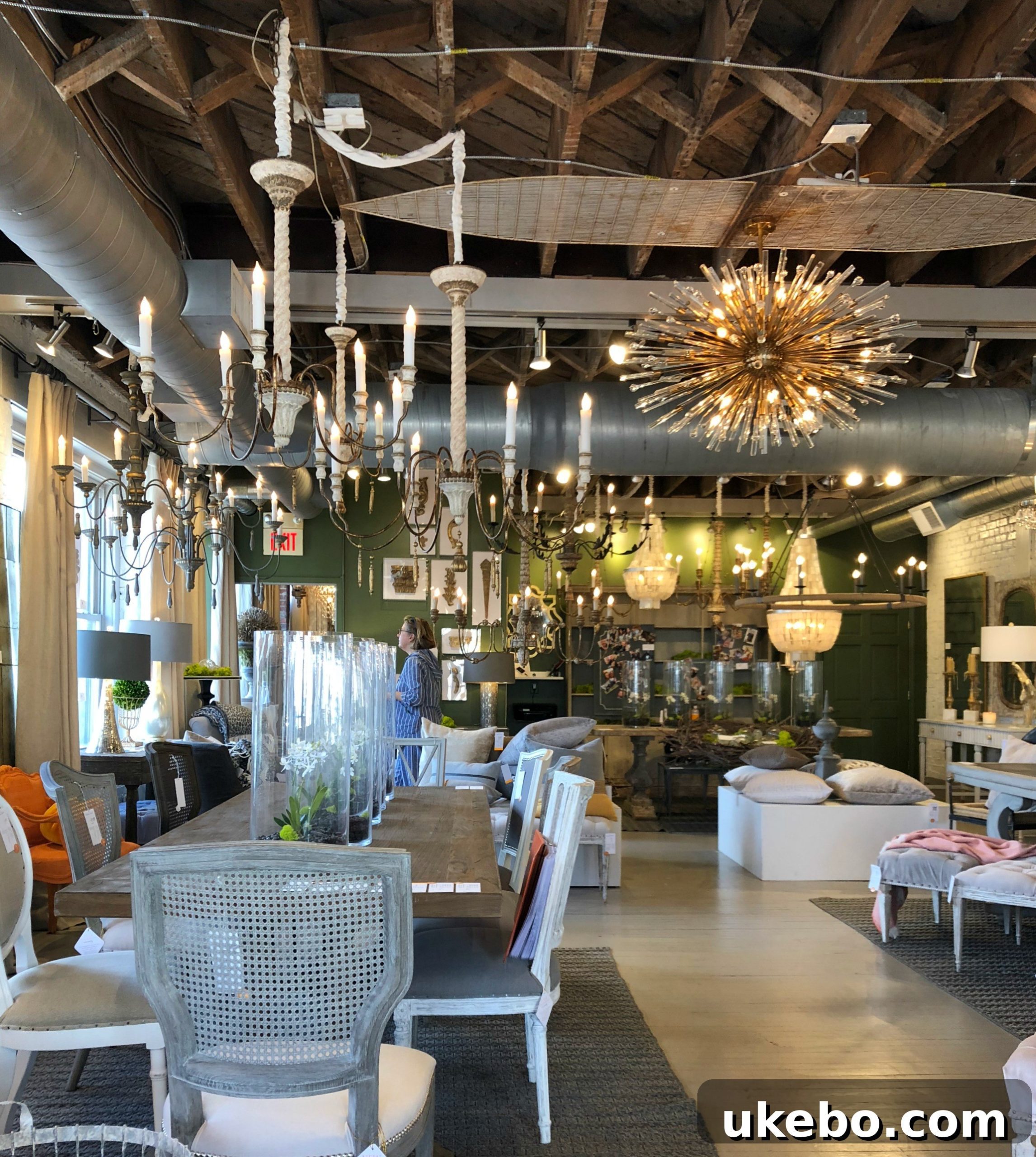 Elegant furniture and decor from Aidan Gray showroom at High Point Market, showcasing antique-inspired designs.