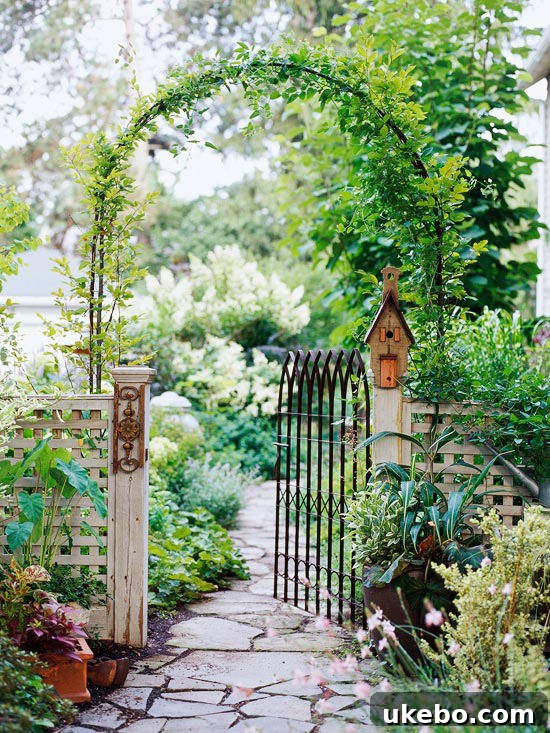 Elegant garden entry arbor with climbing plants