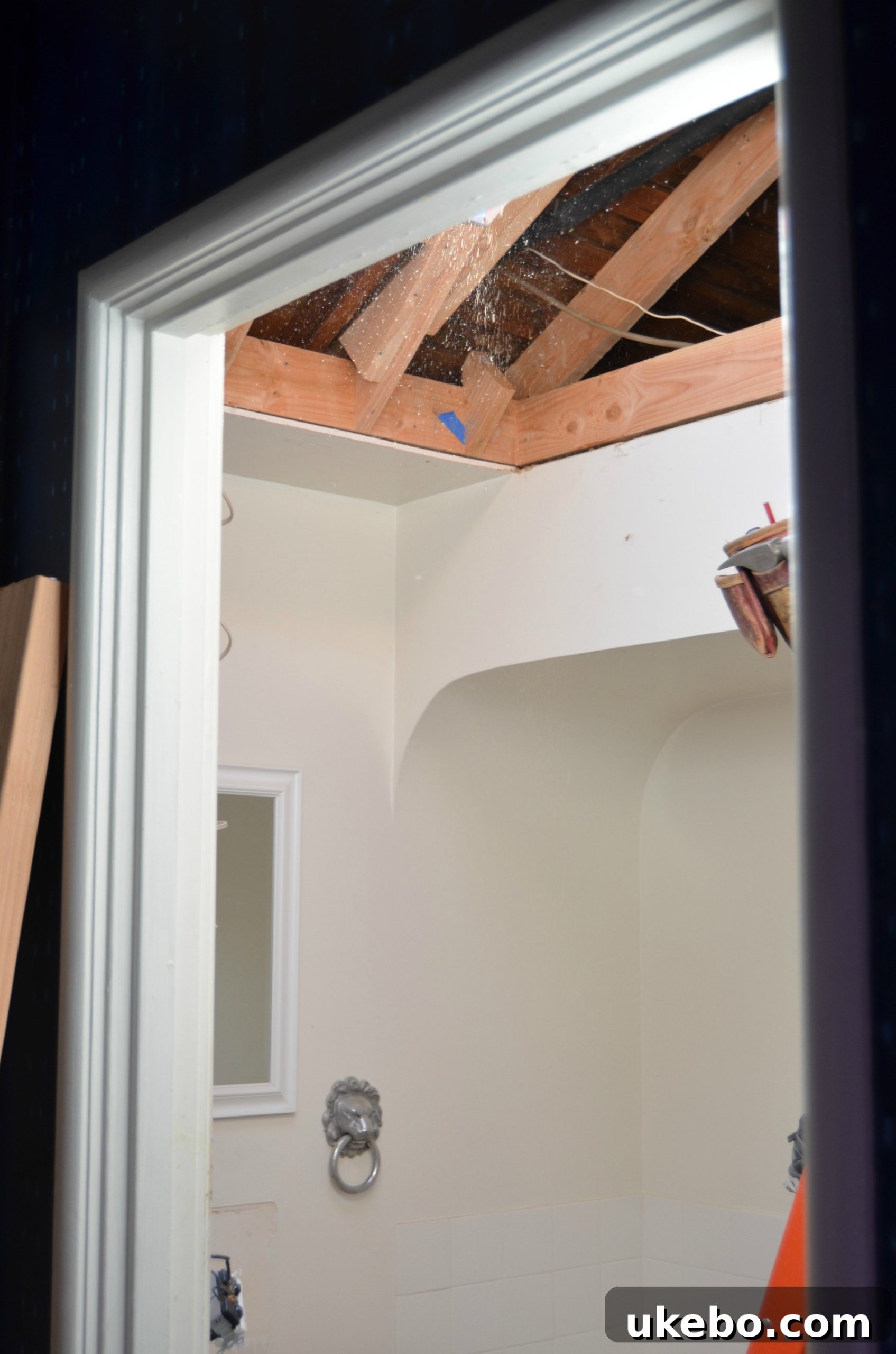 Skylight installation in progress, showing the opening in the bathroom ceiling framing.
