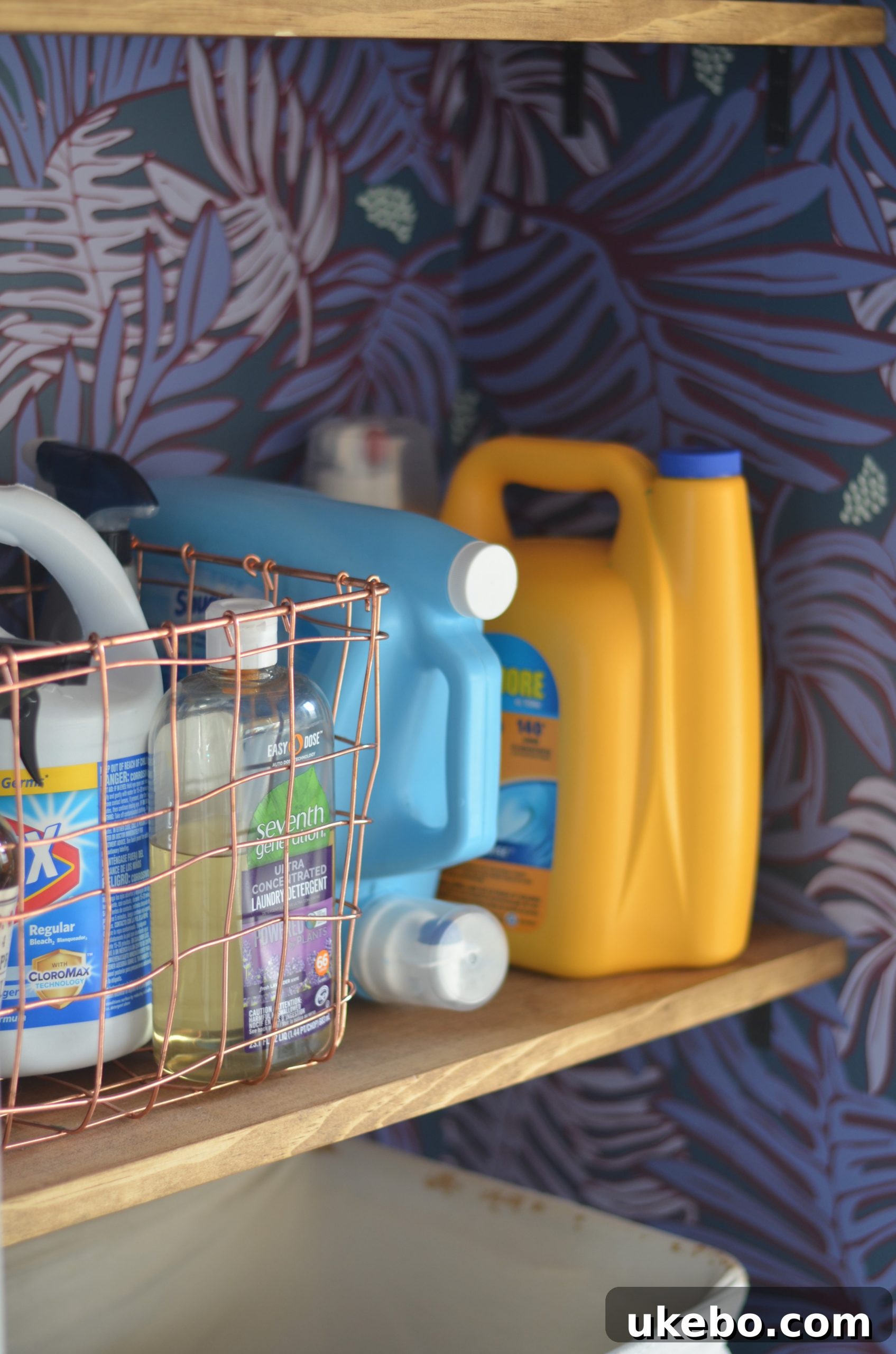 Detail shot of the plants and small decor pieces on the laundry room shelves, adding to the room's character.