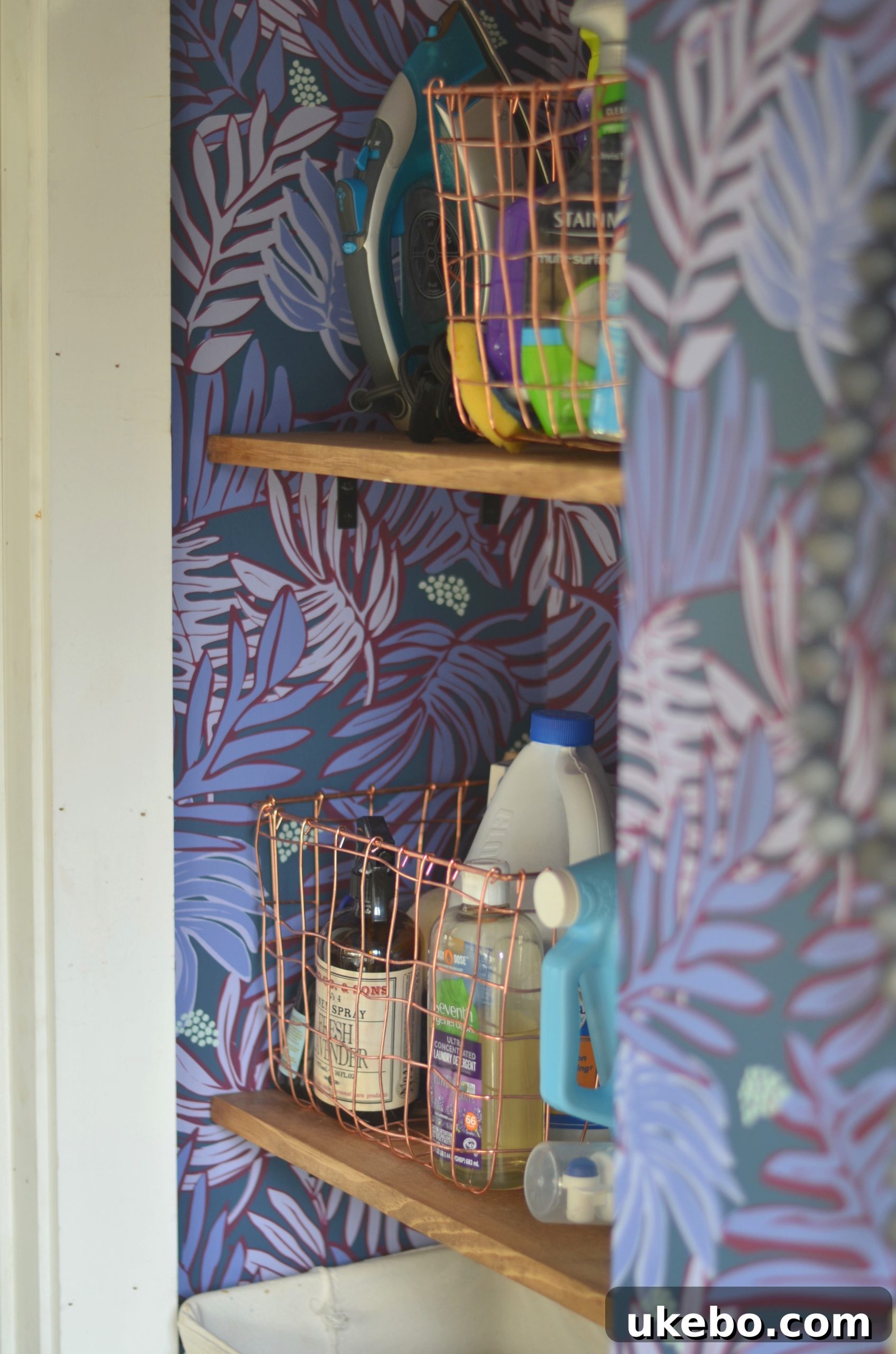 Laundry room shelves from a different angle, demonstrating their capacity for both practical storage and decorative display.