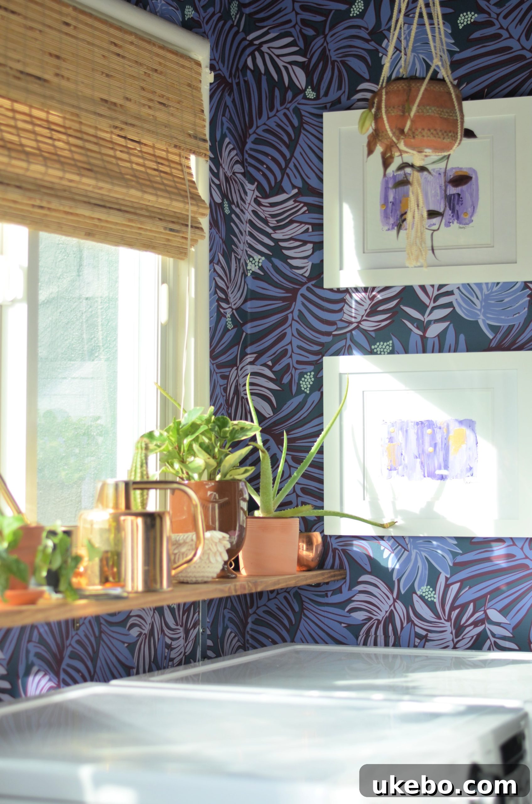 Detailed shot of the framed artwork and a plant on the shelf, highlighting the blend of art and nature.