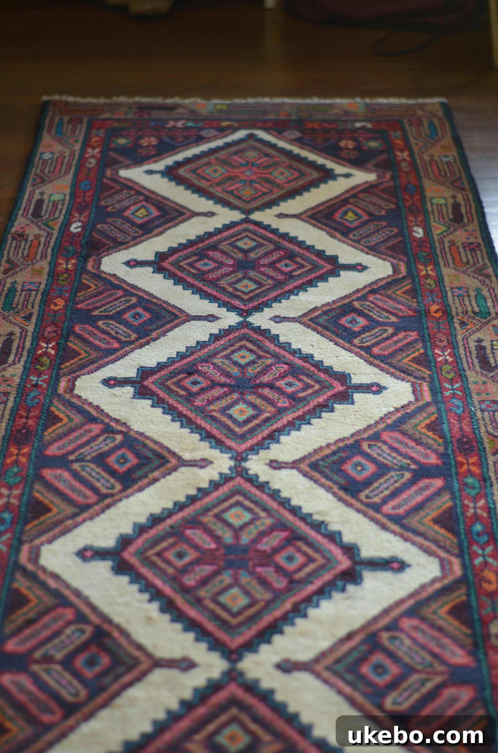 Detailed shot of the rug's pattern and color palette against the hallway wall