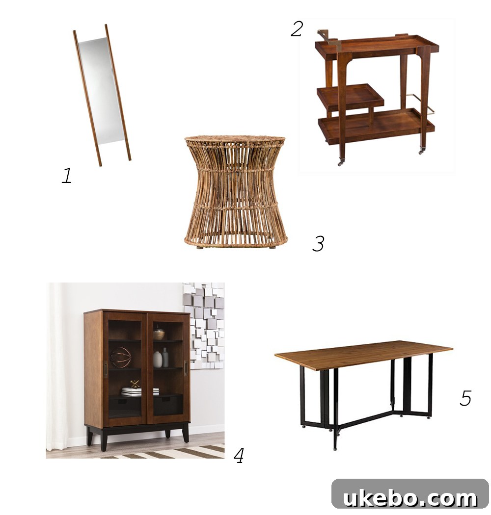 Curated selection of Holly & Martin furniture for small spaces, including a leaning mirror, bar cart, accent table, display cabinet, and drop-leaf table.