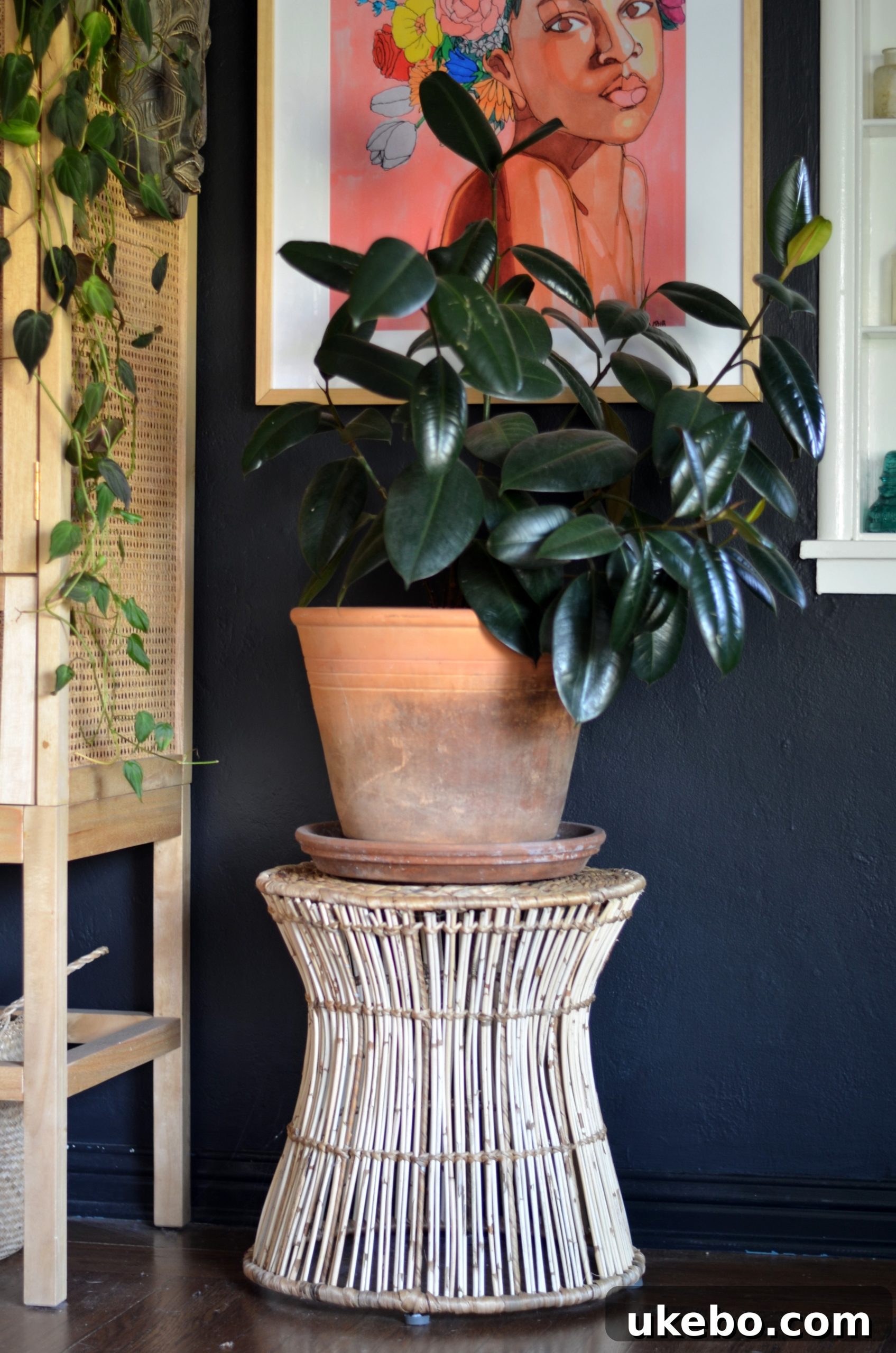 The Holly & Martin Hyacinth accent table used indoors as a stylish plant stand, showcasing its natural texture and elegant design.