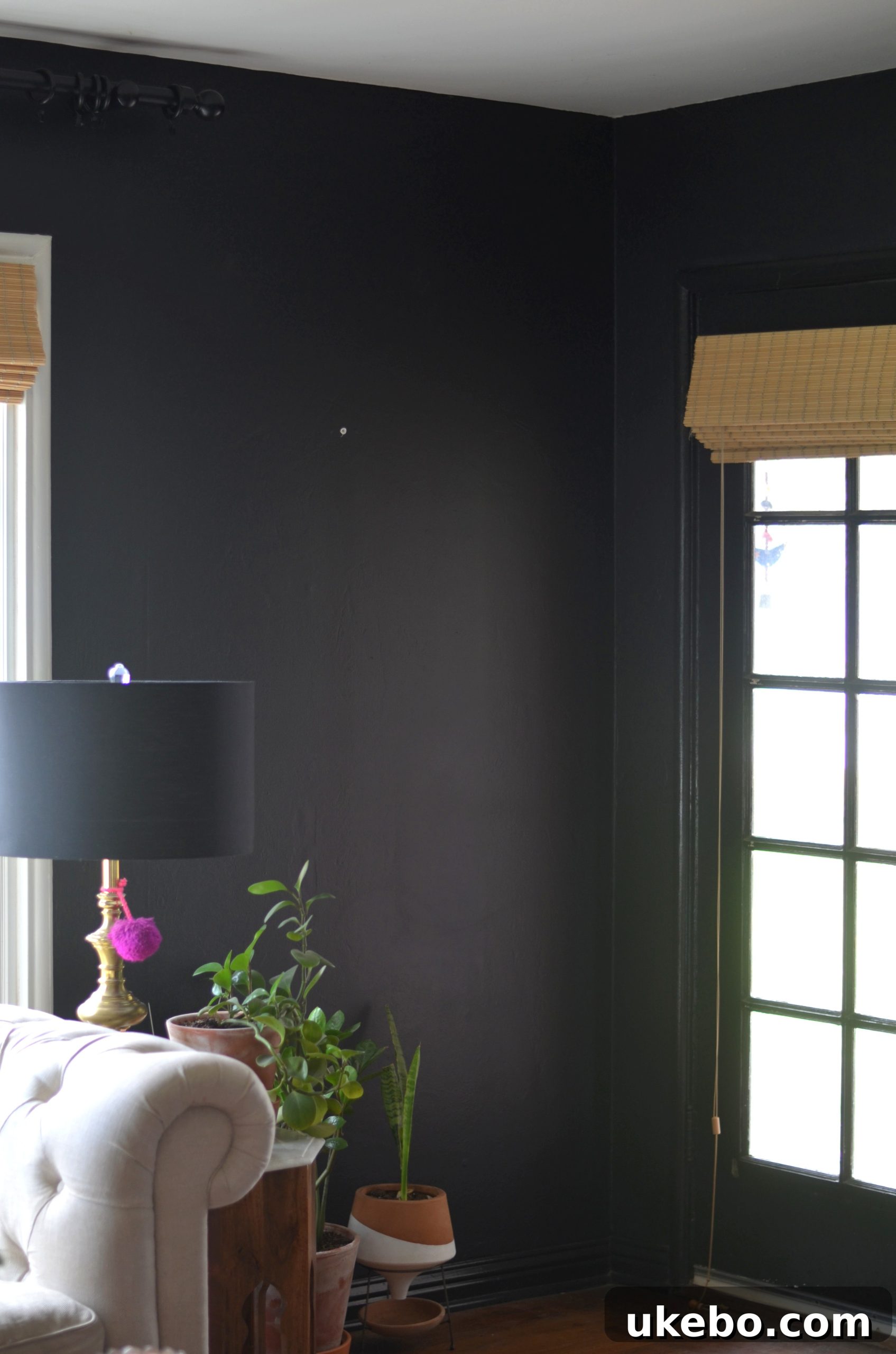 Living room corner next to window, showing potential space for a large floor mirror