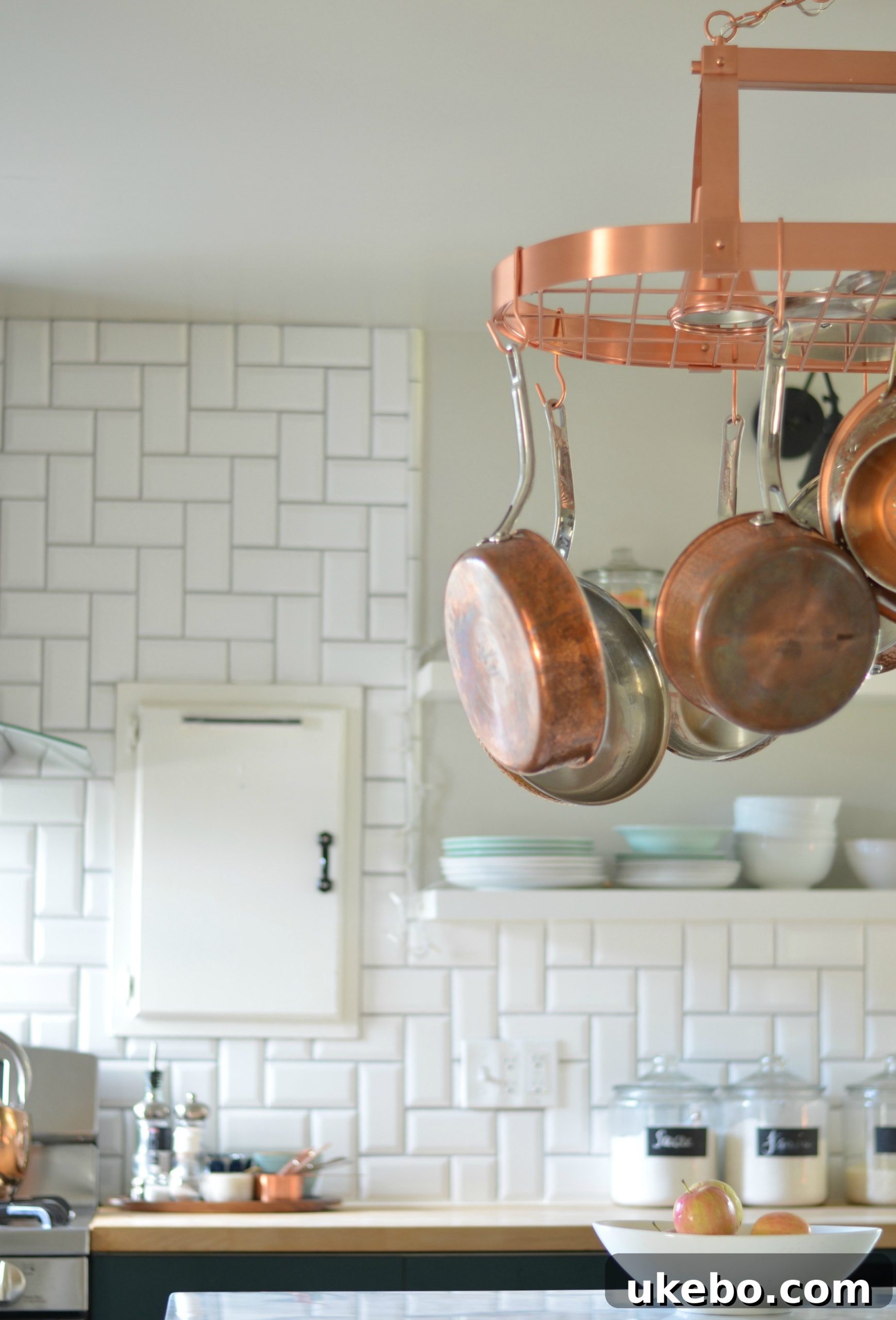 Kitchen with ceiling pot rack