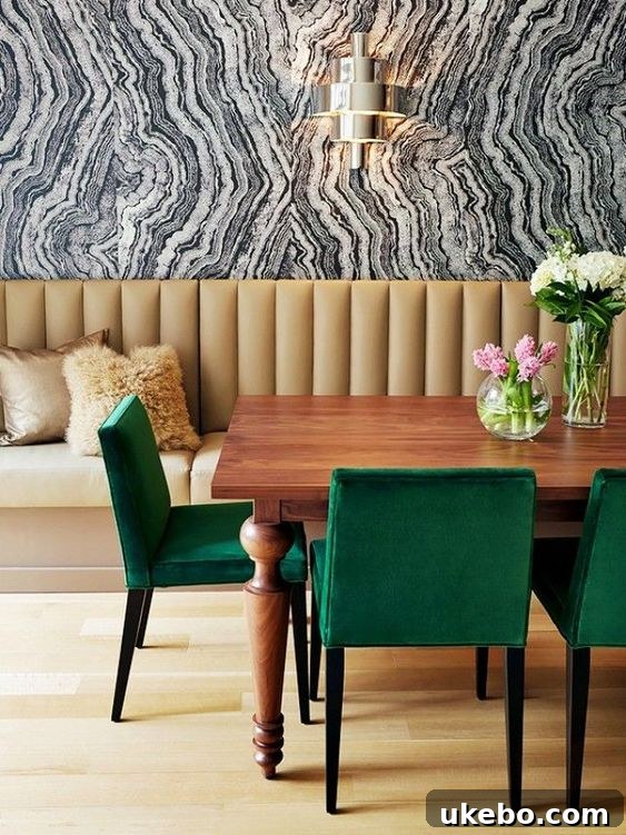 Contemporary channel tufted banquette for dining in a light-filled space, offering a chic seating solution.