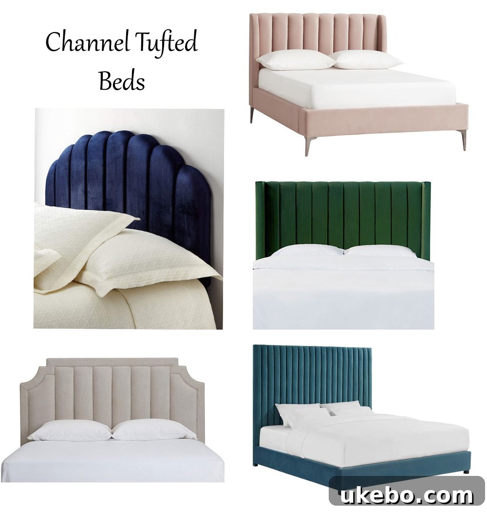 A collage featuring five different channel tufted beds, showcasing diverse styles and colors.