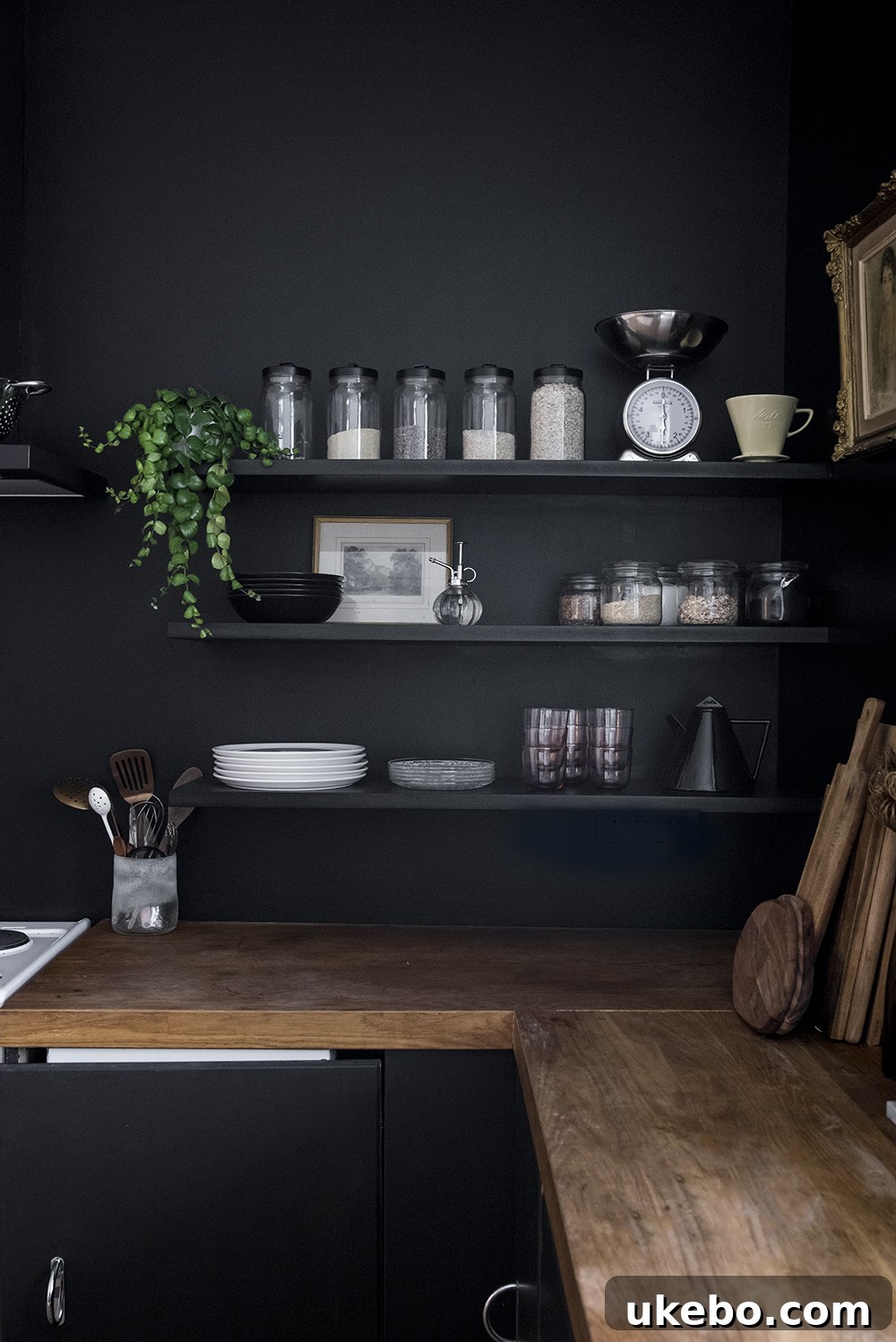 Farrow & Ball Pitch Black transforming a modern kitchen with its luxurious, deep finish on cabinetry and walls