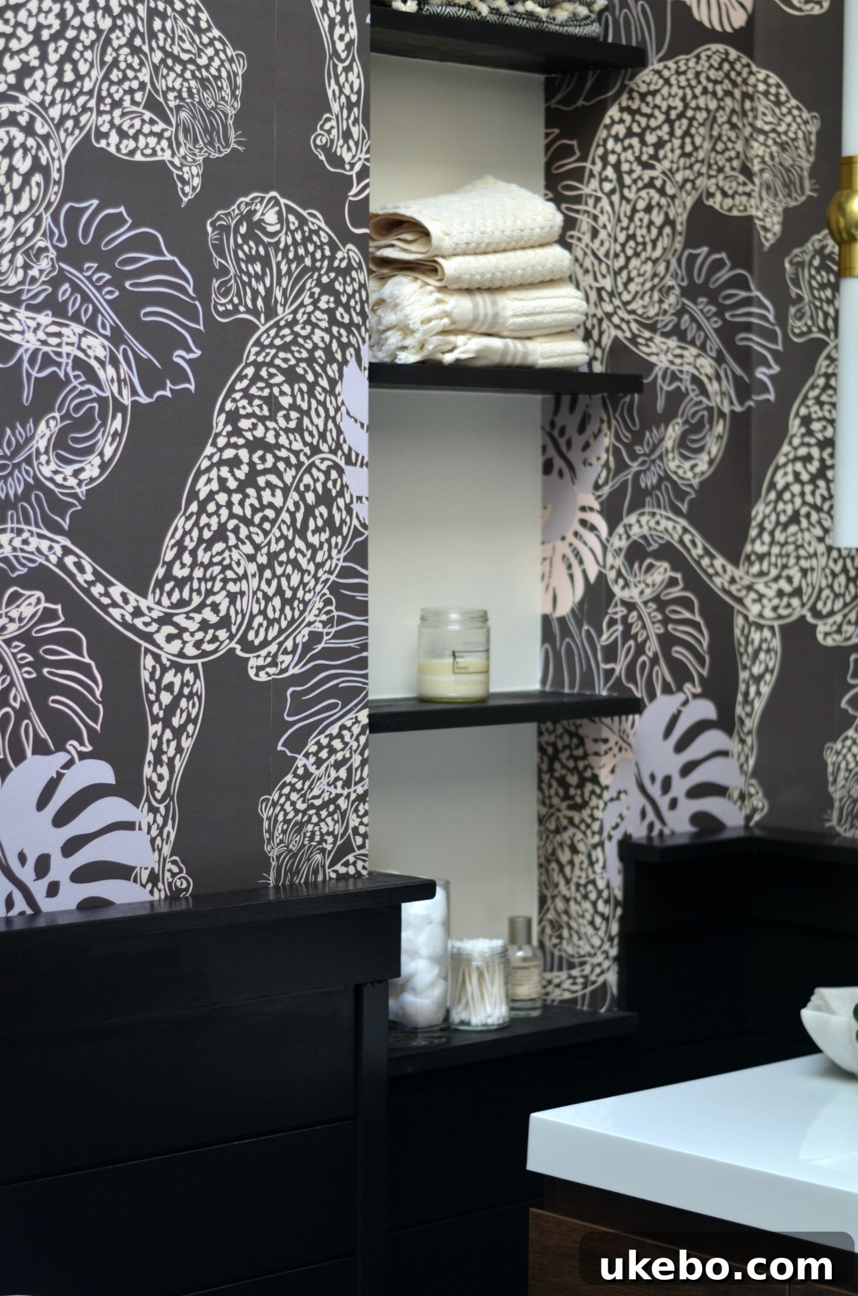 A bathroom wall painted with Clare Paint Blackest, highlighting its deep, true black tone in natural light