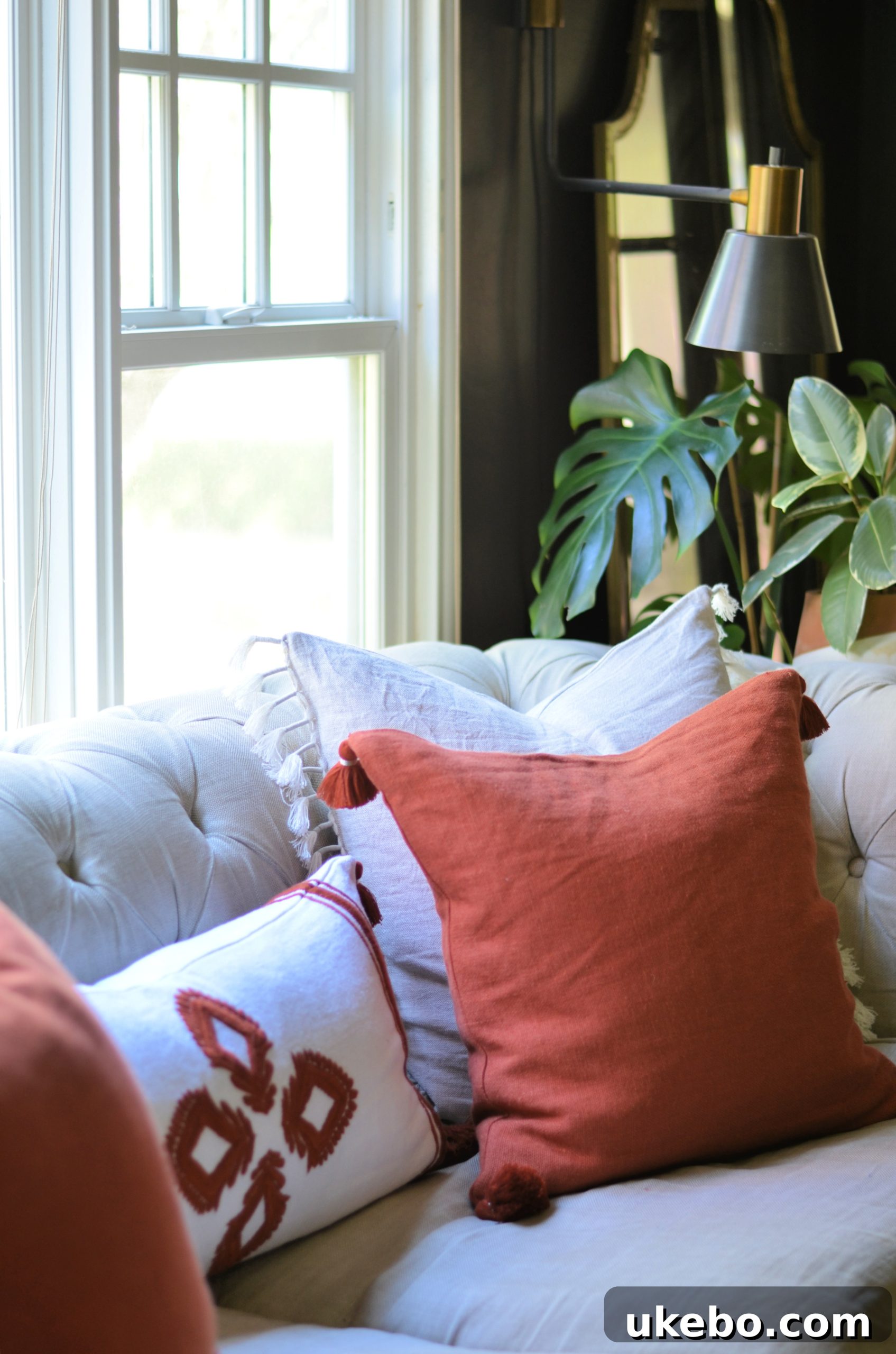 Serena & Lily Linen Tassel Pillow, Terra Cotta Tassel Pillow, Embroidered Lumbar Pillow