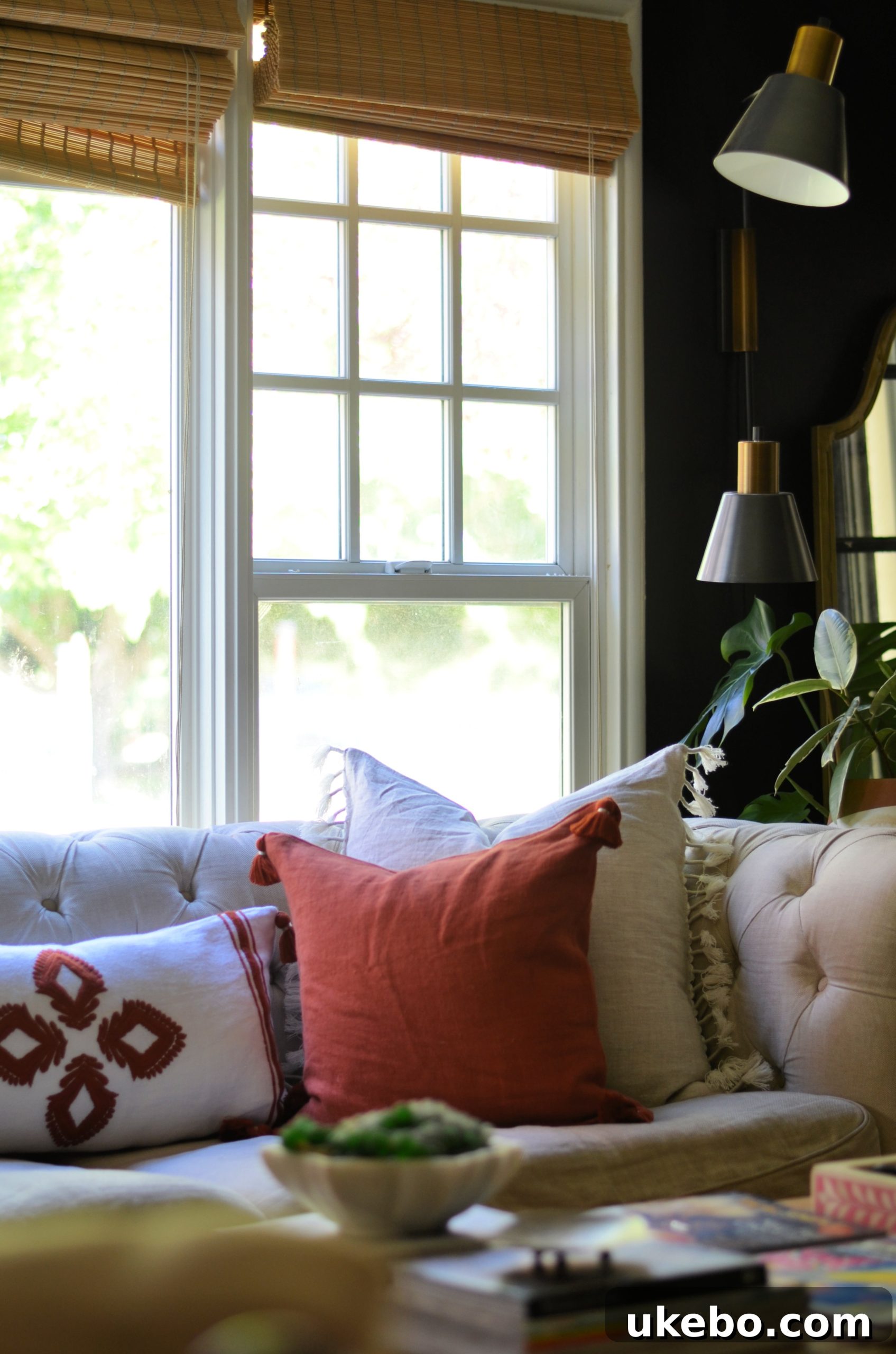 Close-up of Serena & Lily terracotta and linen pillows