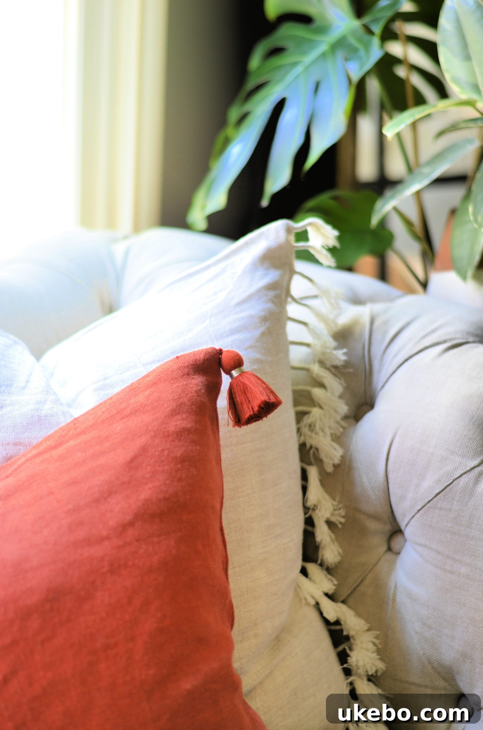 Another view of Serena & Lily embroidered and tassel pillows