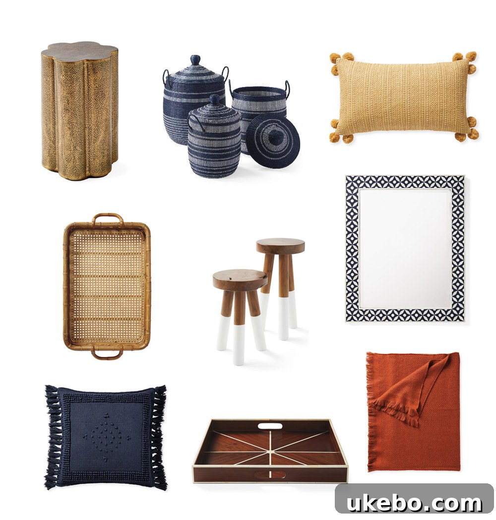 Collection of Serena & Lily home decor items including side table, baskets, pillows, trays, stools, and mirror