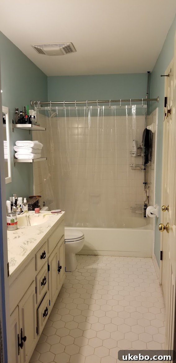 Before view of Carmeon's outdated master bathroom with beige tiles and basic fixtures.