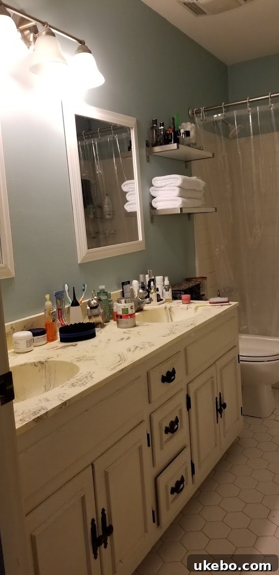 Another angle showing the original master bathroom, highlighting the worn vanity and traditional mirror.