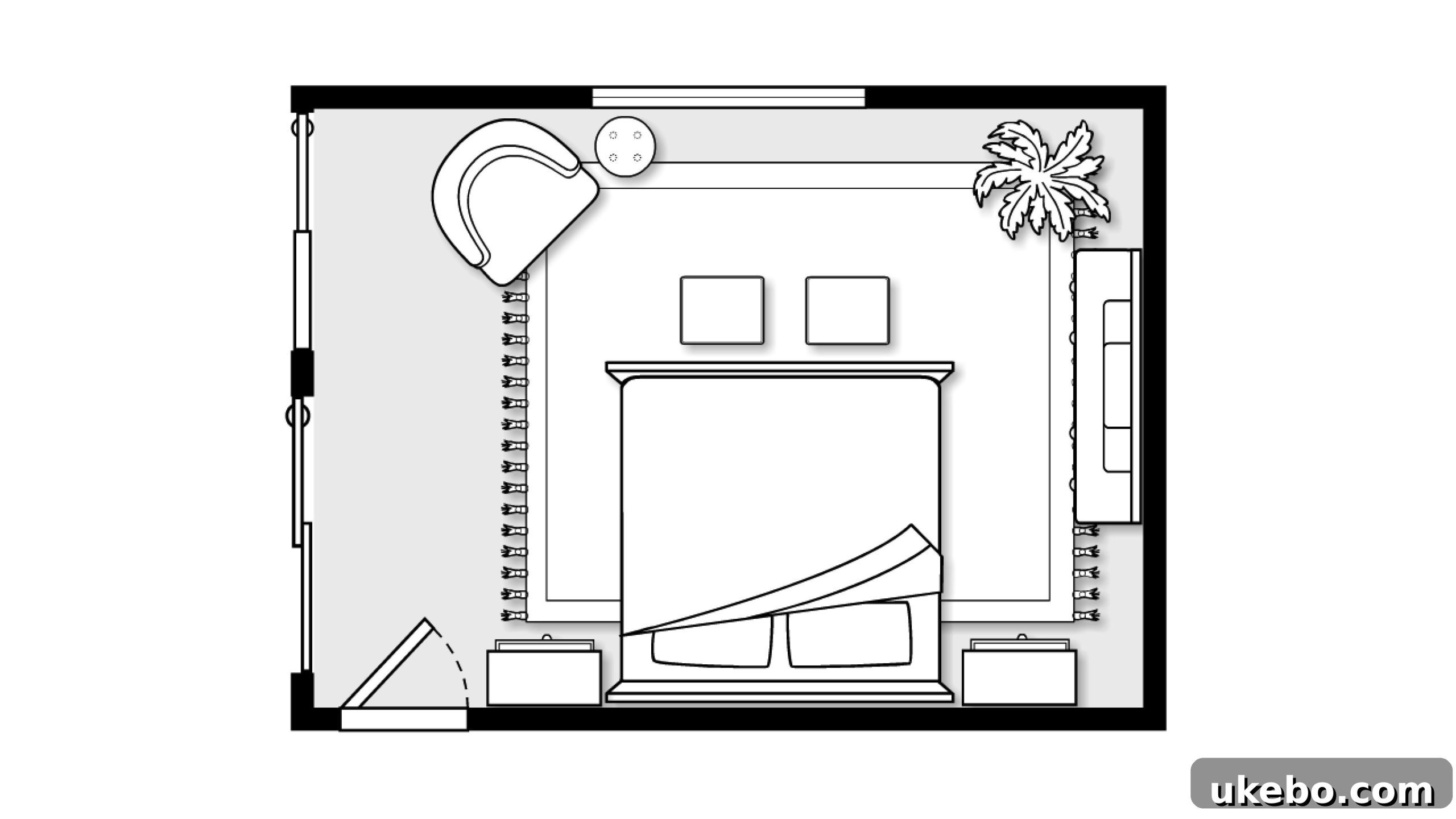 Rendered design concept for Carmeon's master bedroom, showing the new furniture layout and French door.