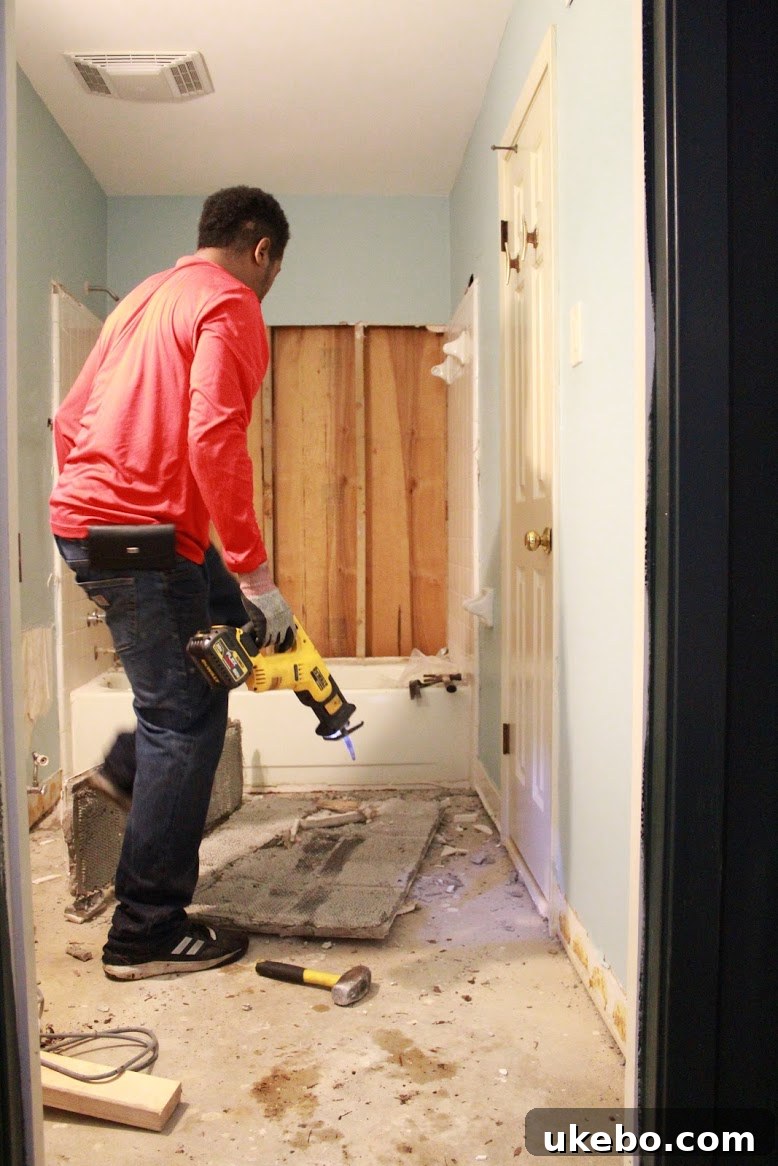 Bathroom demolition showing walls gutted to studs and new framing.