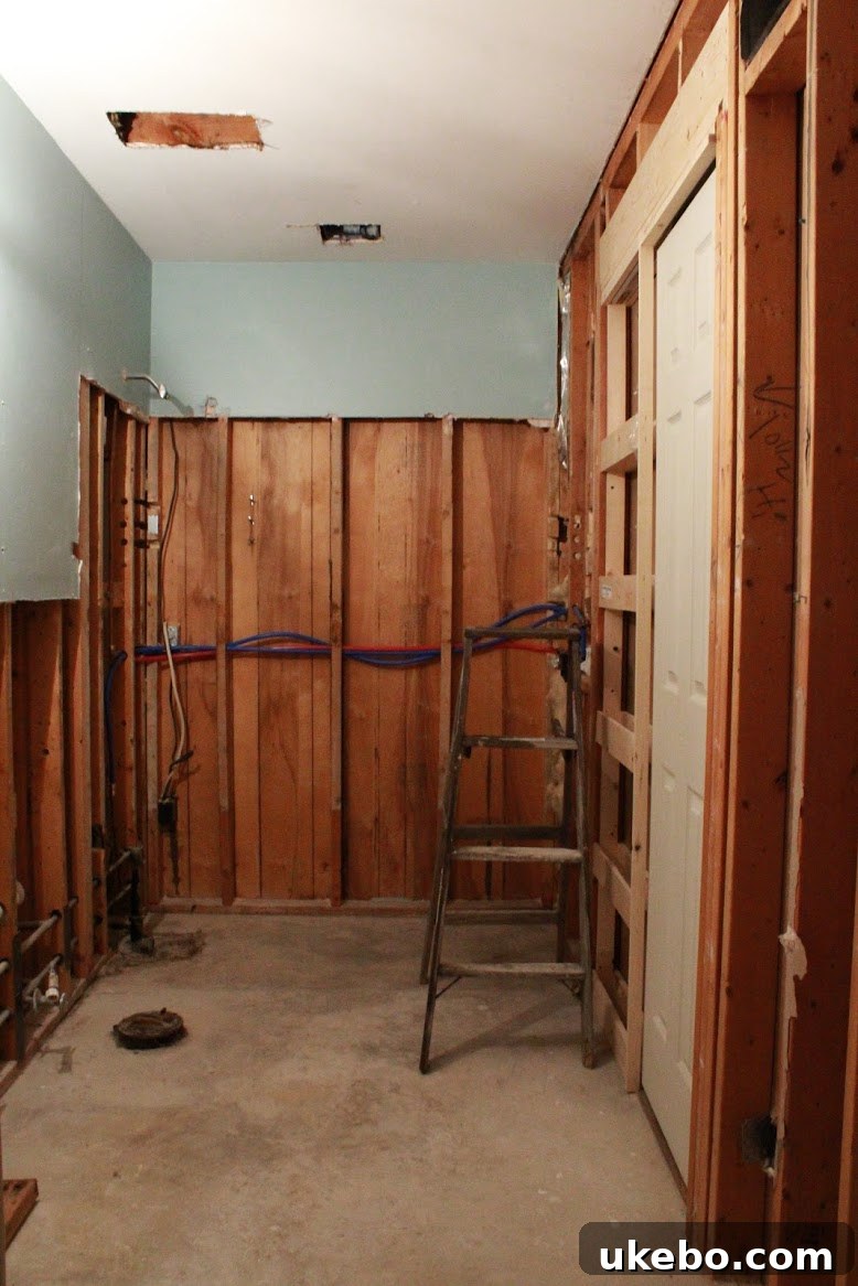 Bathroom wall prepped for new vanity, medicine cabinets, and lighting.