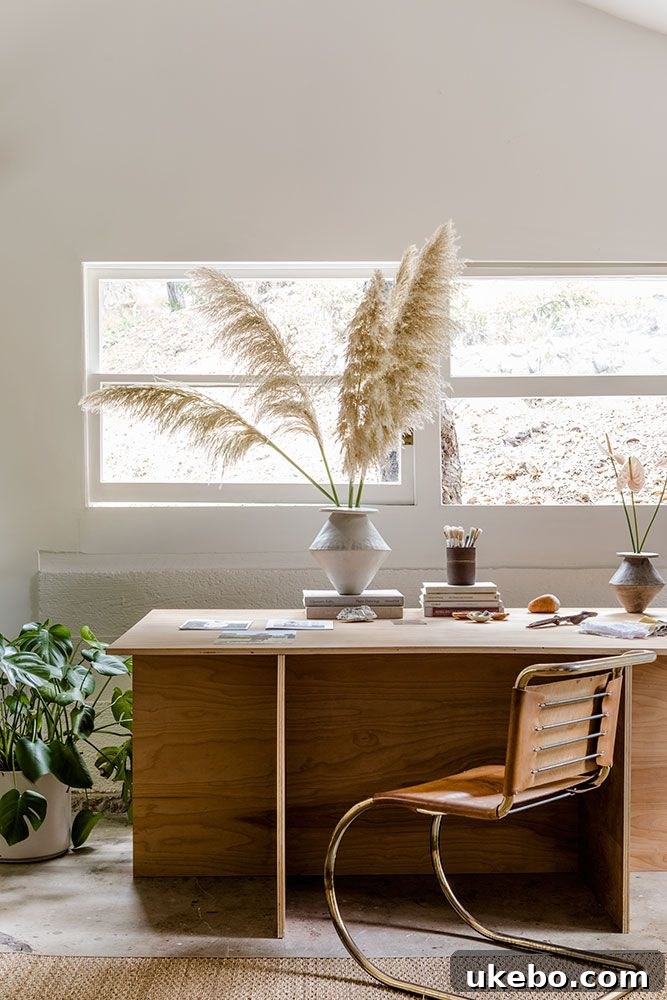 Elegant pampas grass arrangement in a neutral, minimalist living room with natural light