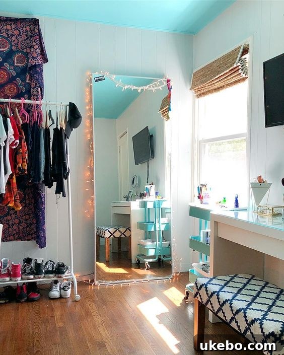 HOVET Mirror in a stylish bedroom setting, reflecting light and making the space feel larger.
