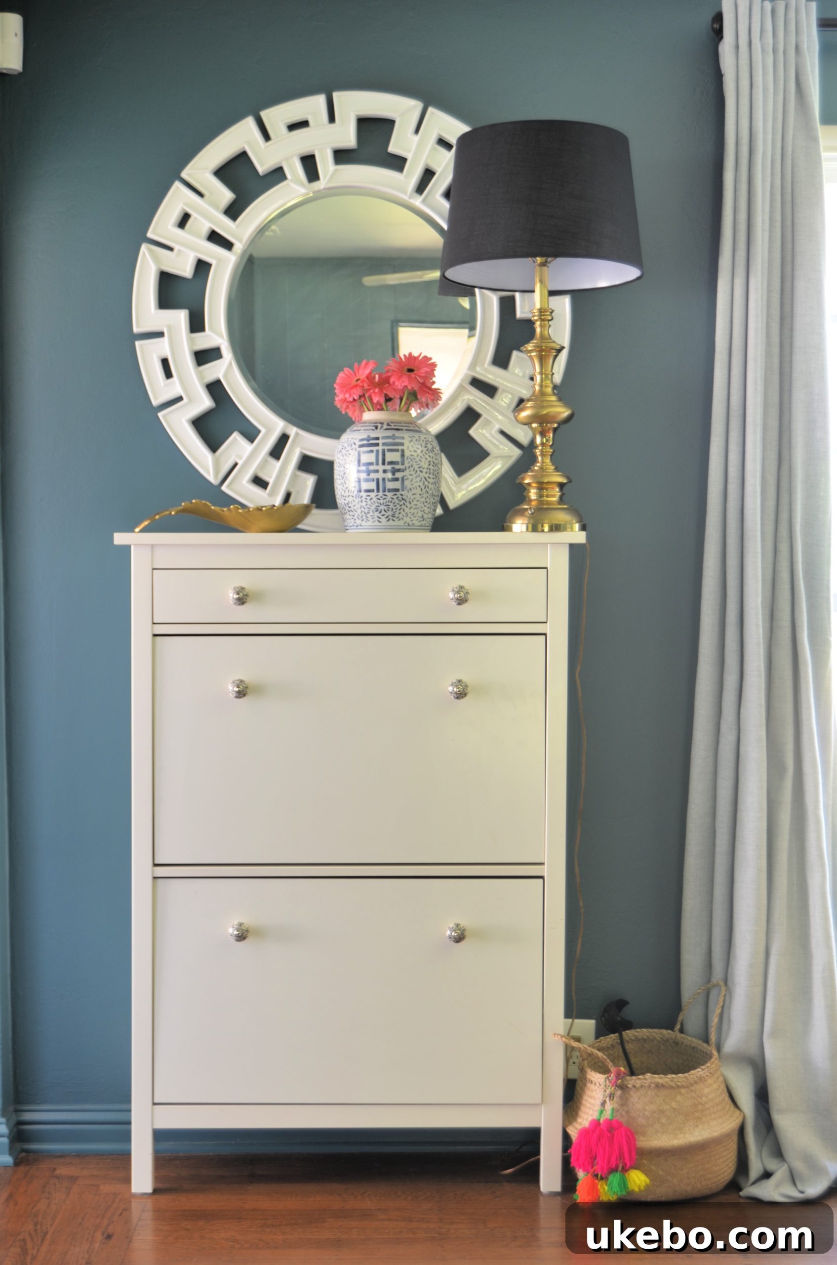Two images side by side: a HEMNES shoe cabinet being used for shoes and another for various household items, demonstrating its versatility.