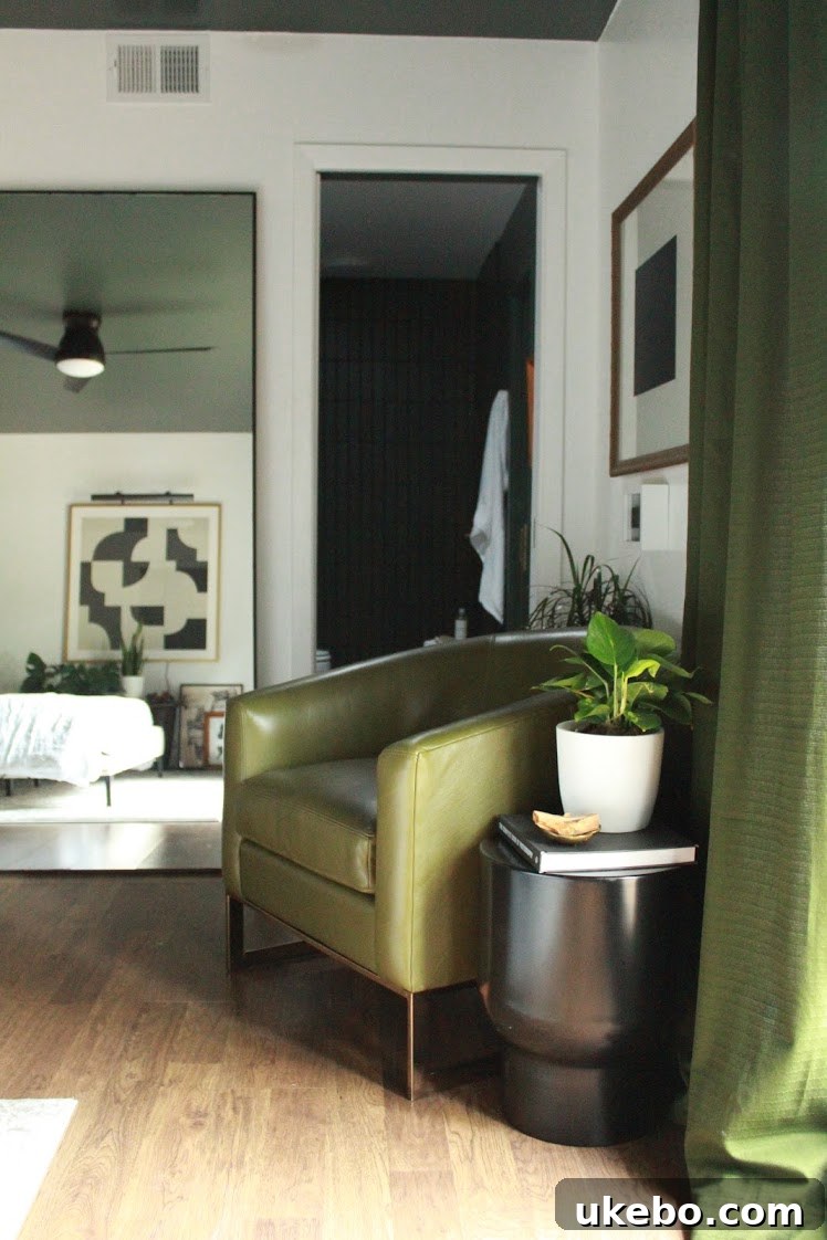Carmeon Hamilton's impressive DIY slat wall, adding architectural detail to the master bedroom