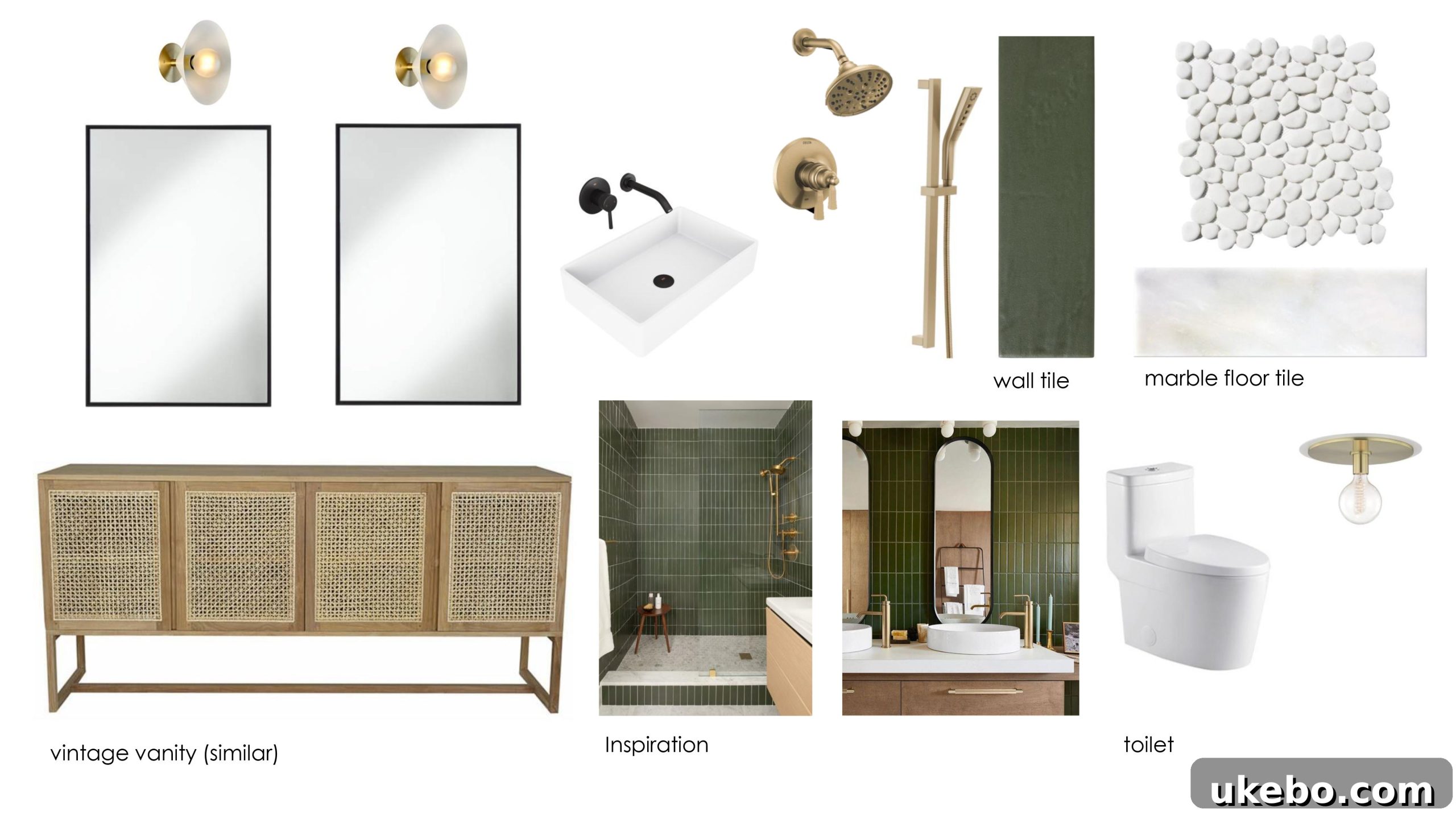 Bathroom design mood board with earthy tones, natural wood, and modern fixtures