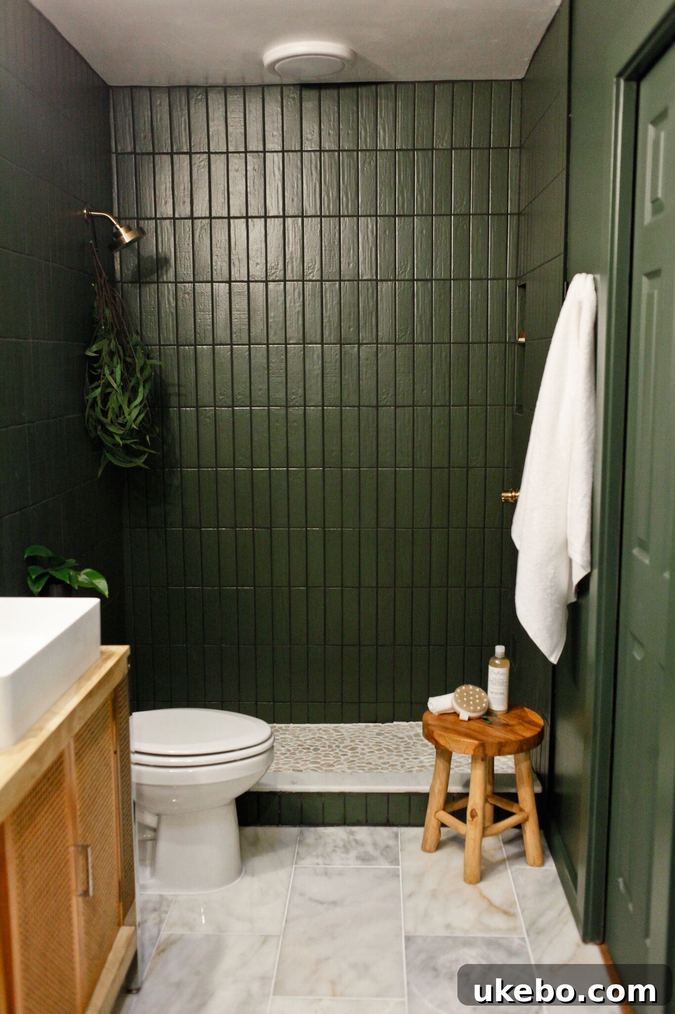 Luxurious spa-like bathroom with moody dark tiles and sleek modern fixtures