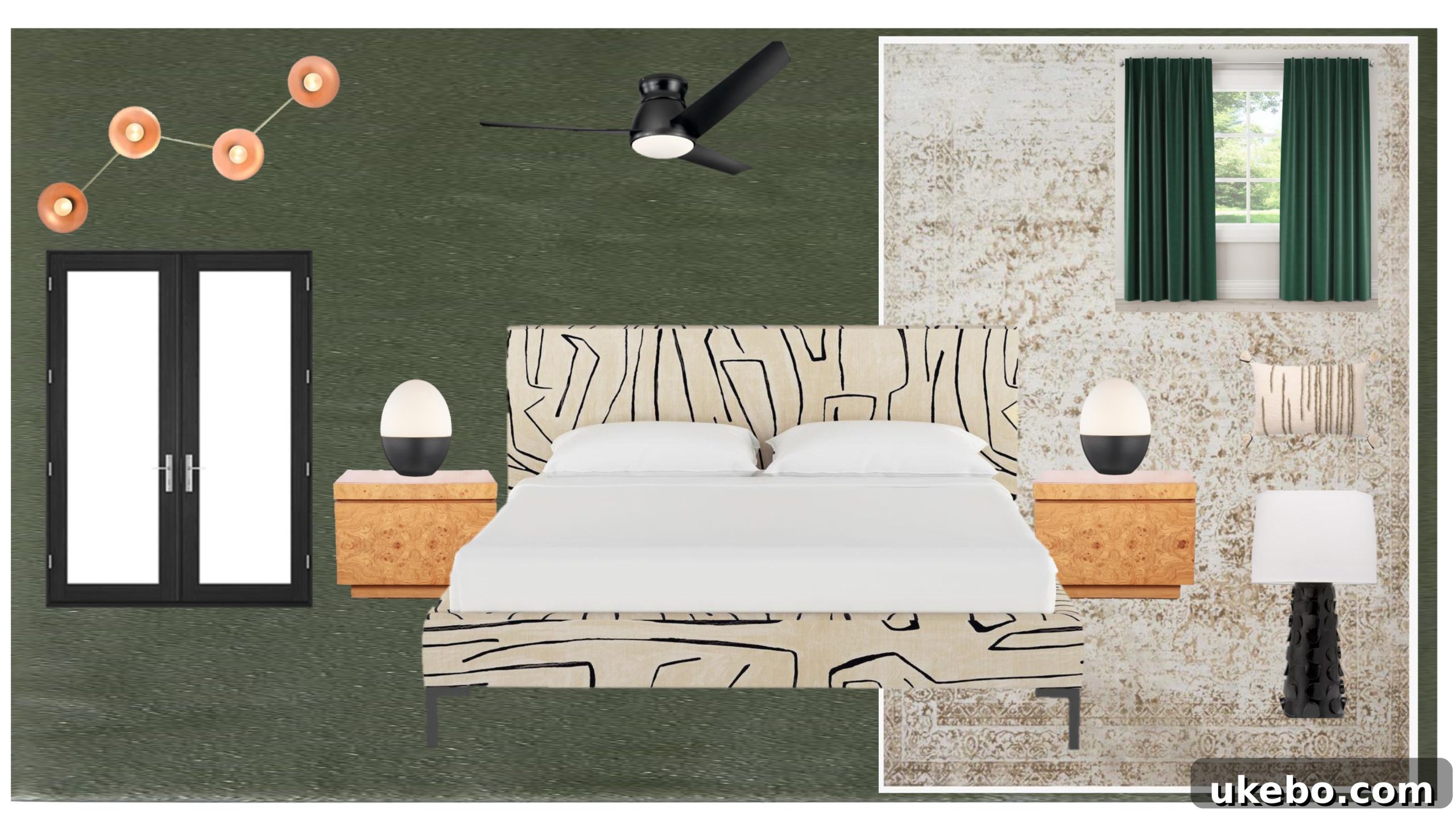 Master bedroom design concept and layout plan with olive green accents