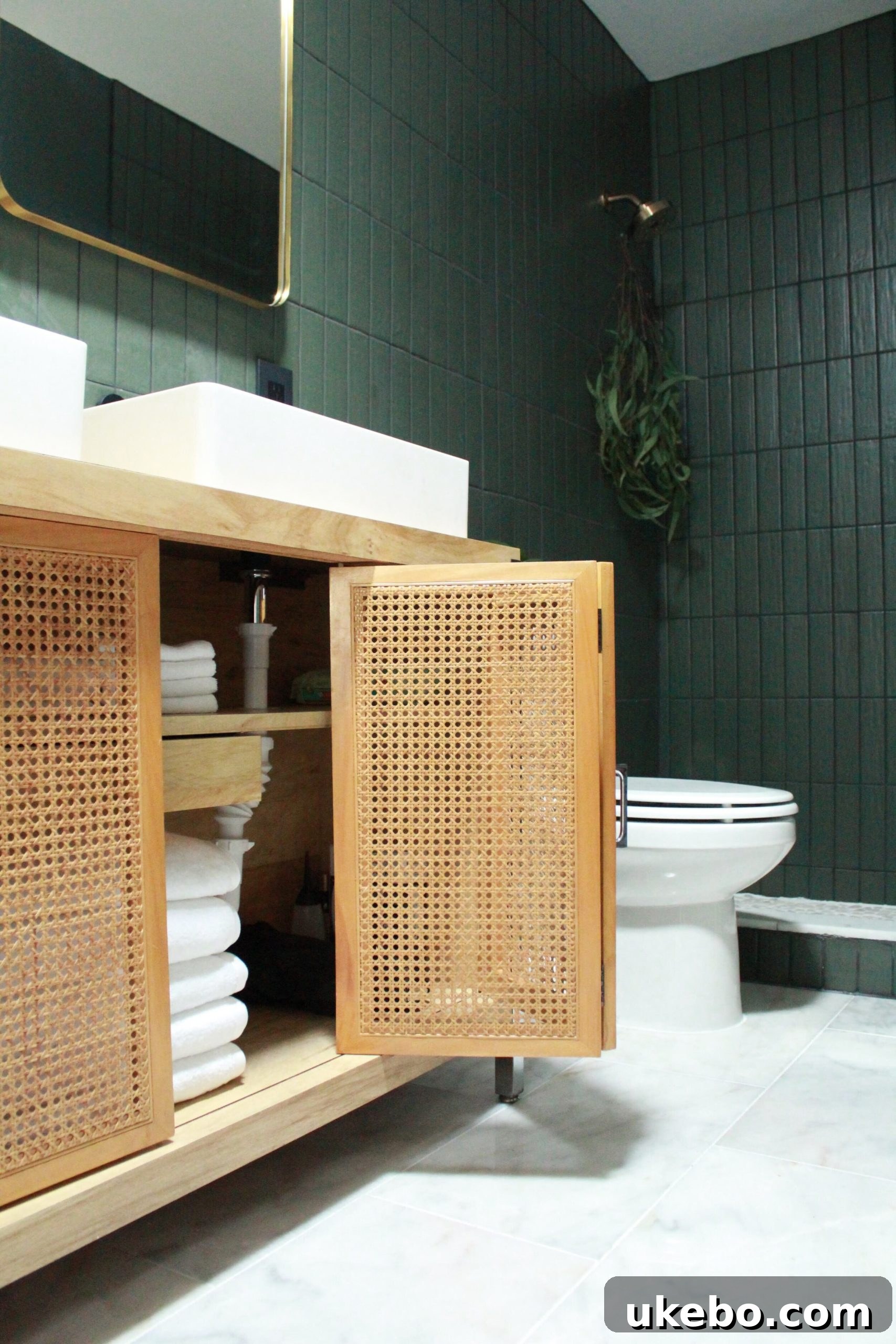 Custom vintage console vanity with elegant cane detail in a modern bathroom