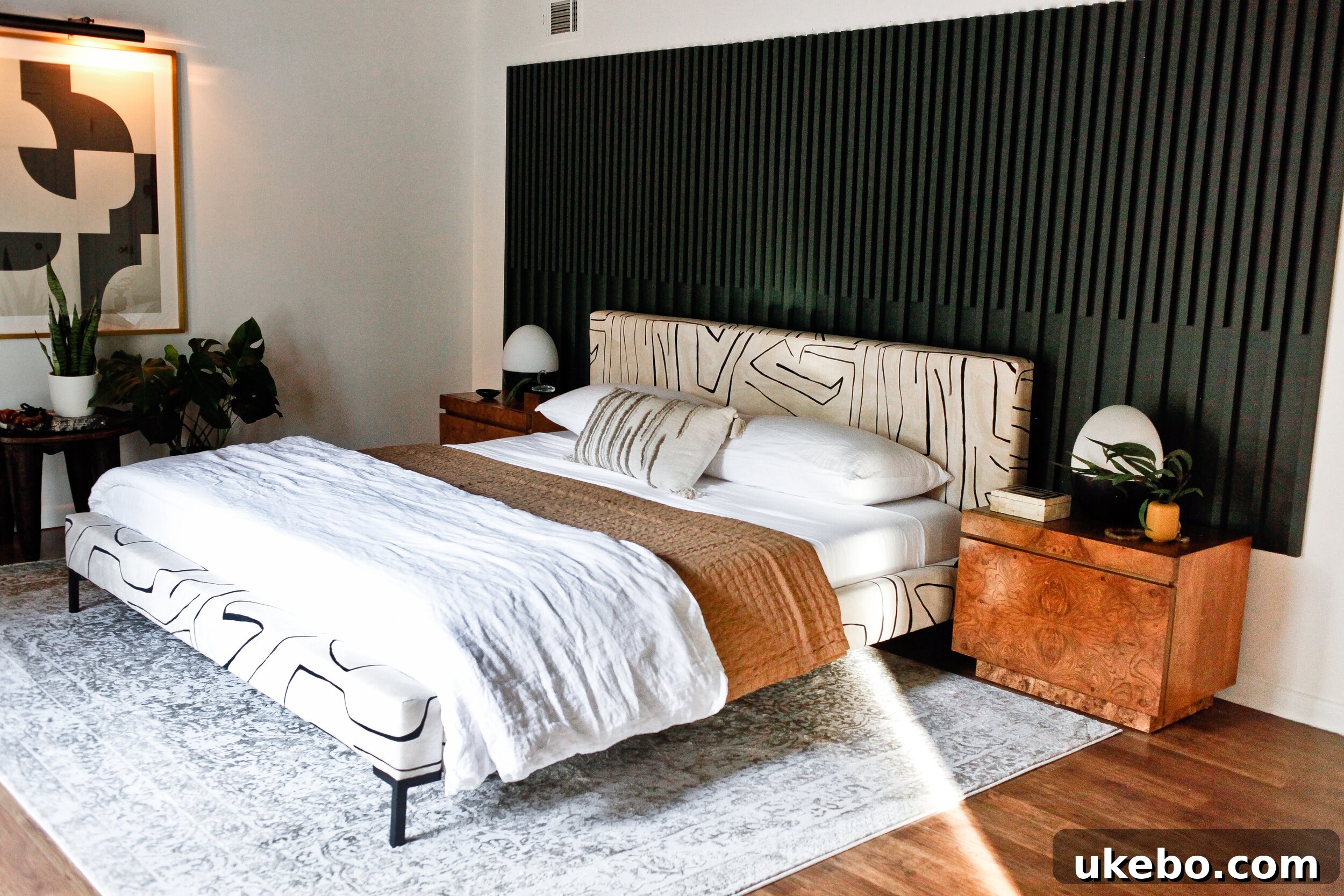Beautifully renovated master bedroom with a statement Deva Linen bed and modern decor