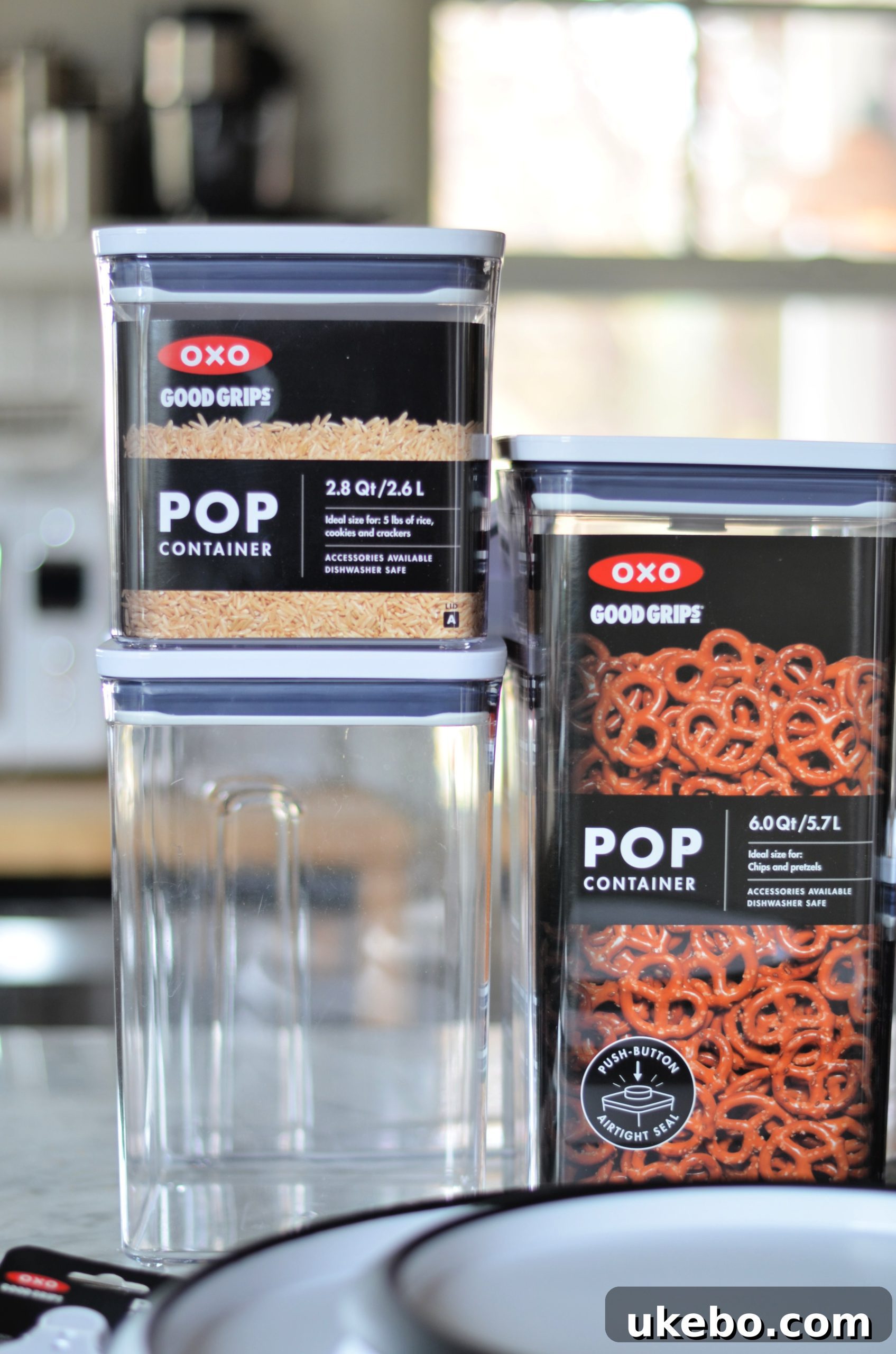 After image of an organized pantry showing stackable OXO POP containers filled with food