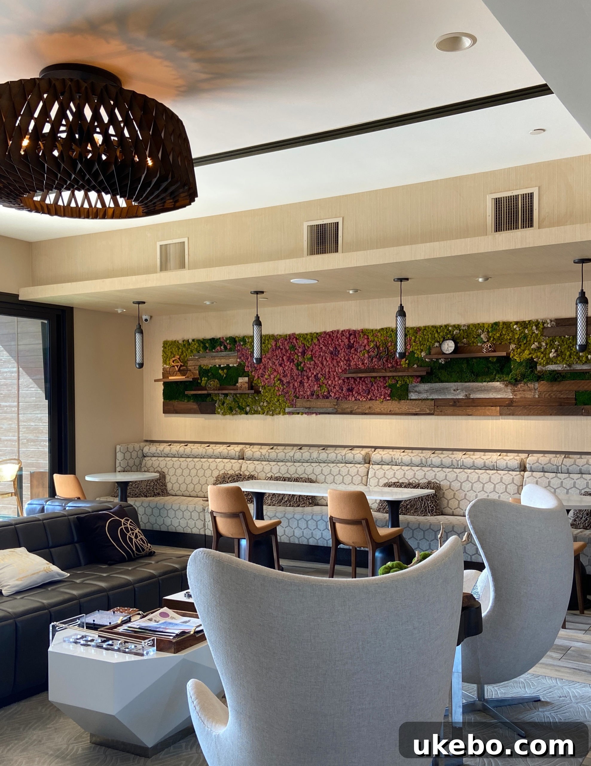 Interior view of Bluestem Hotel lobby with modern decor and French doors.
