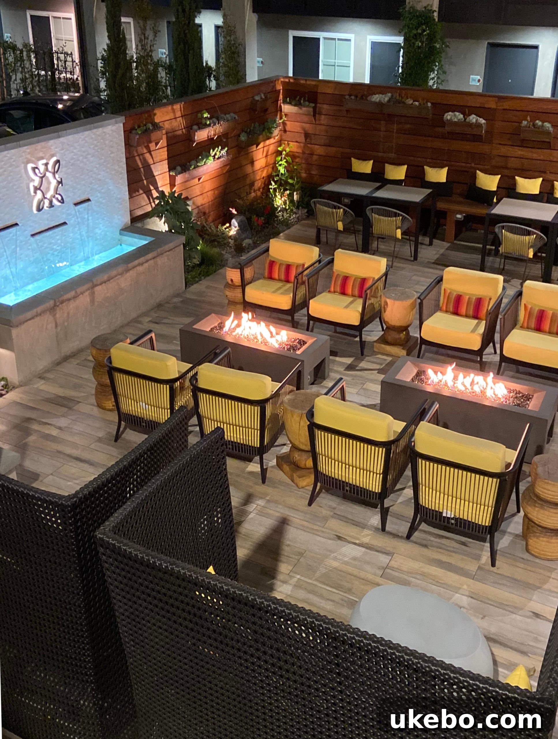 Detail of modern decor and plants in Bluestem Hotel's outdoor lounge.