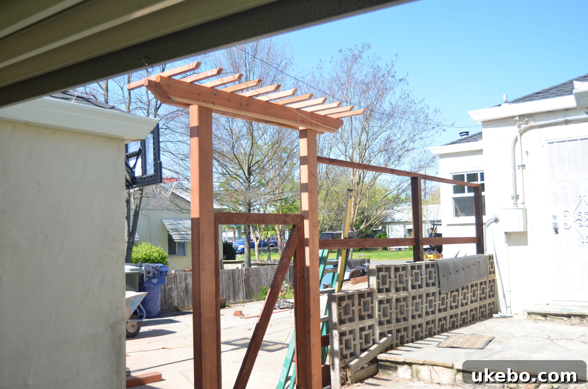 Intermediate stage of backyard cleanup, showing a significantly cleared space