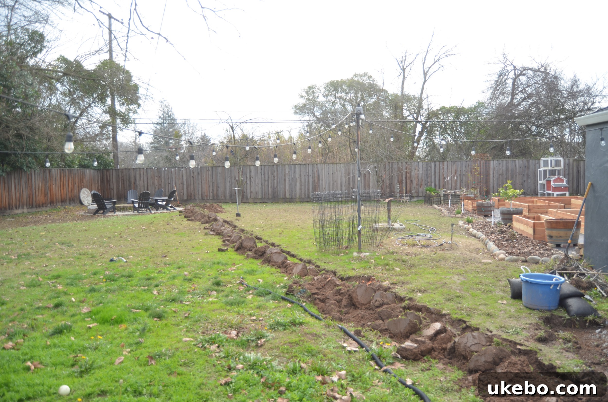 Progress of the French drain installation in the backyard, showing the extensive work