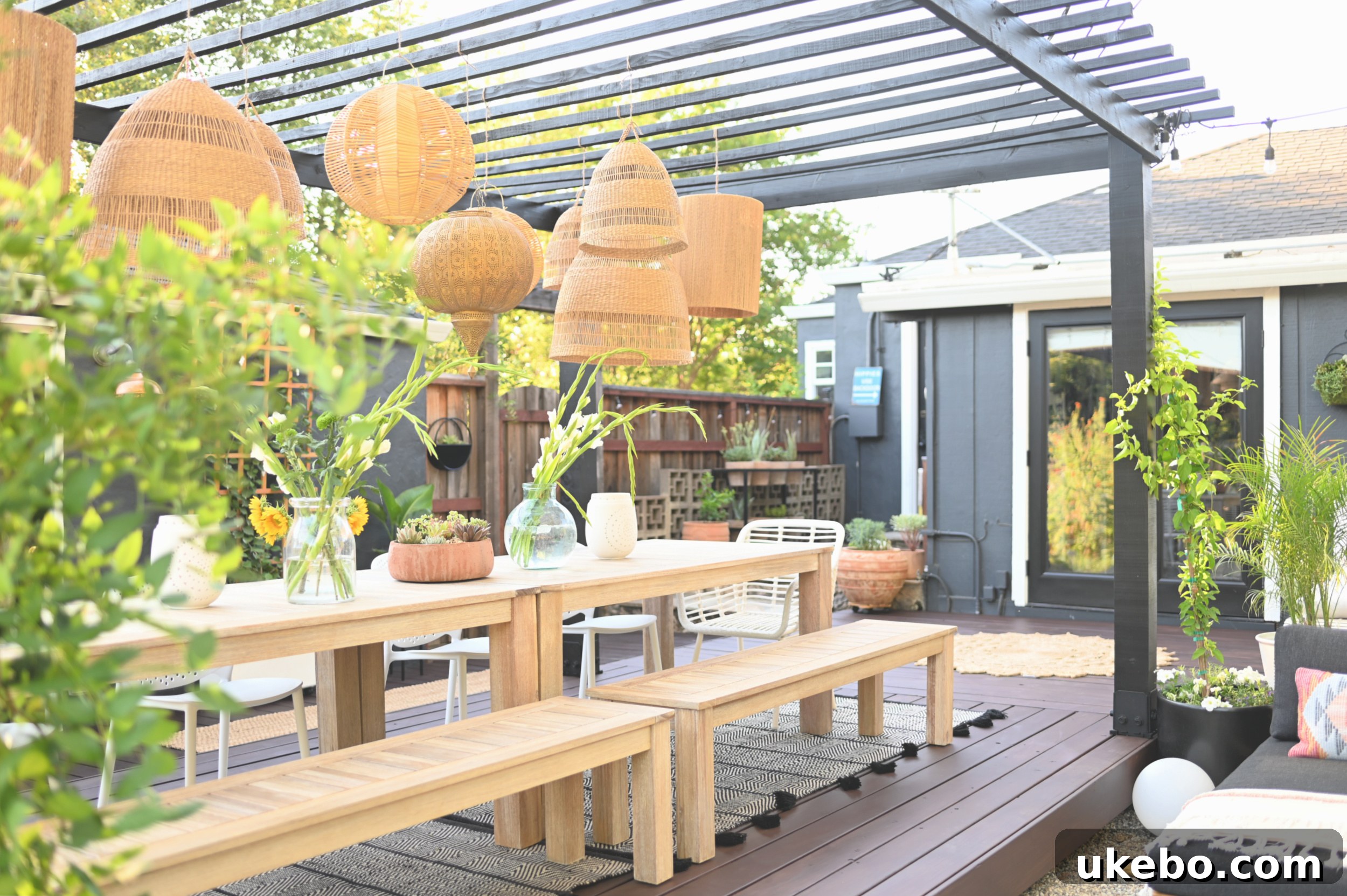 Patio lounge area with concrete coffee table