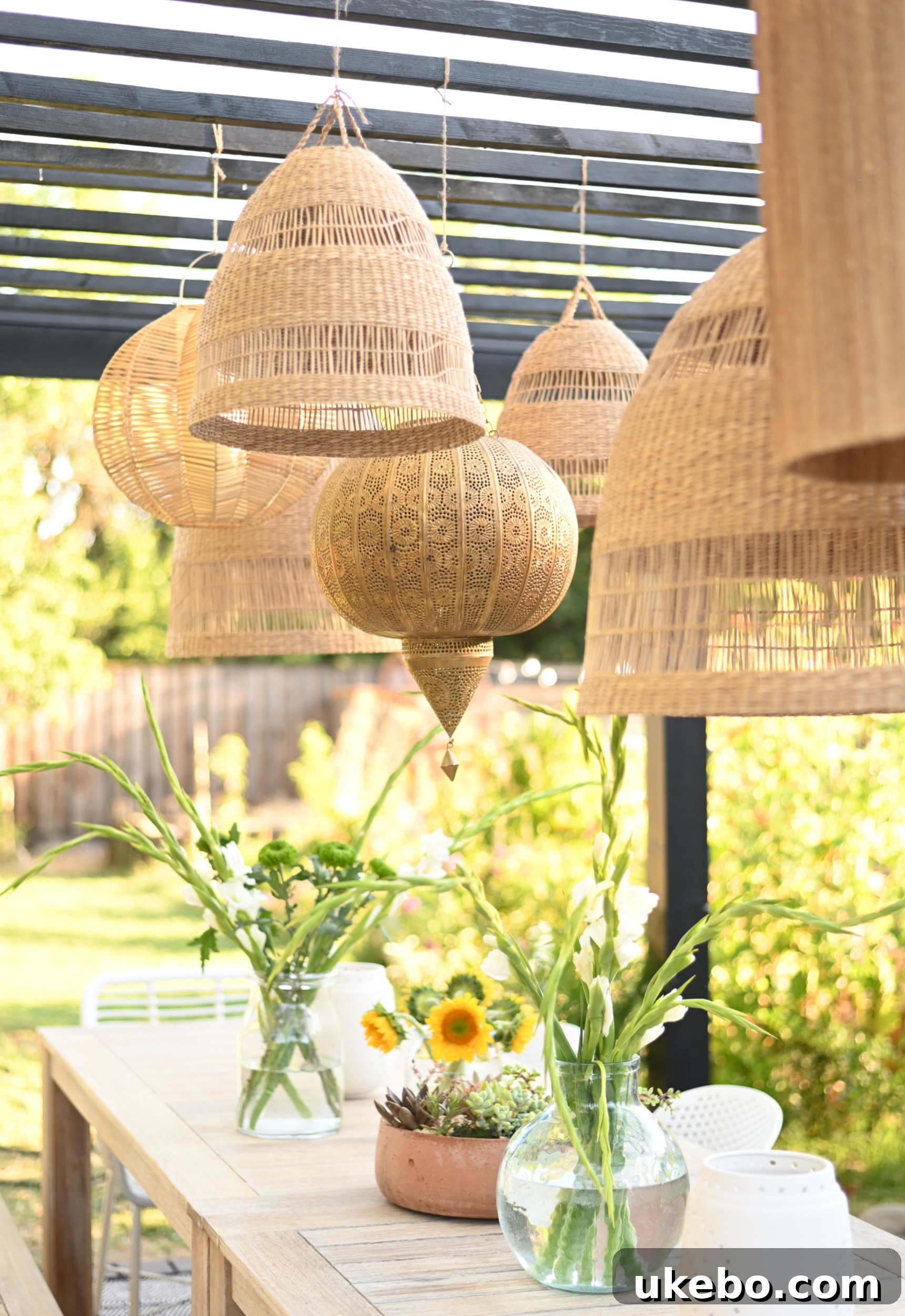 Variety of rattan pendant lights over dining table