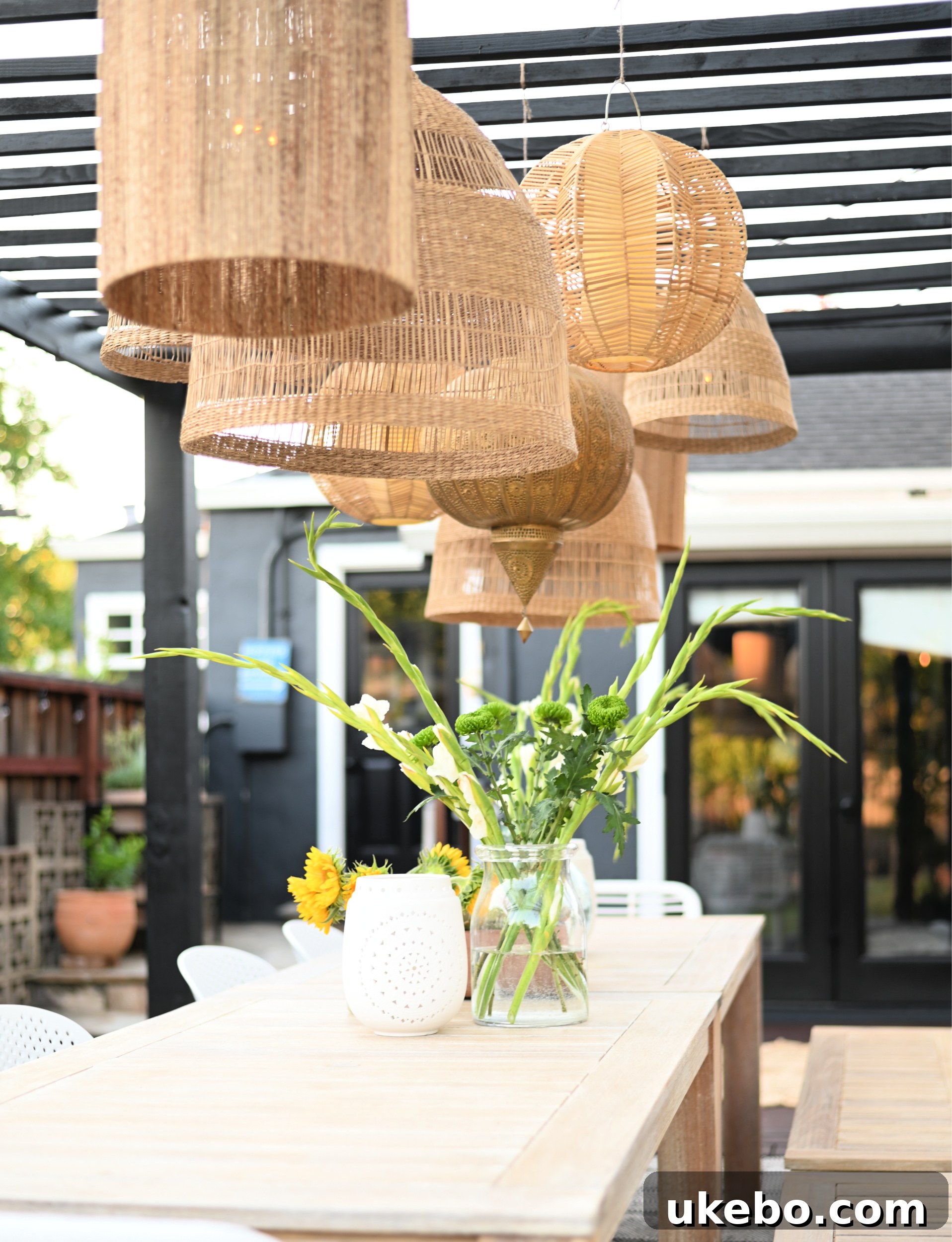 Close-up of the layered pendant lighting