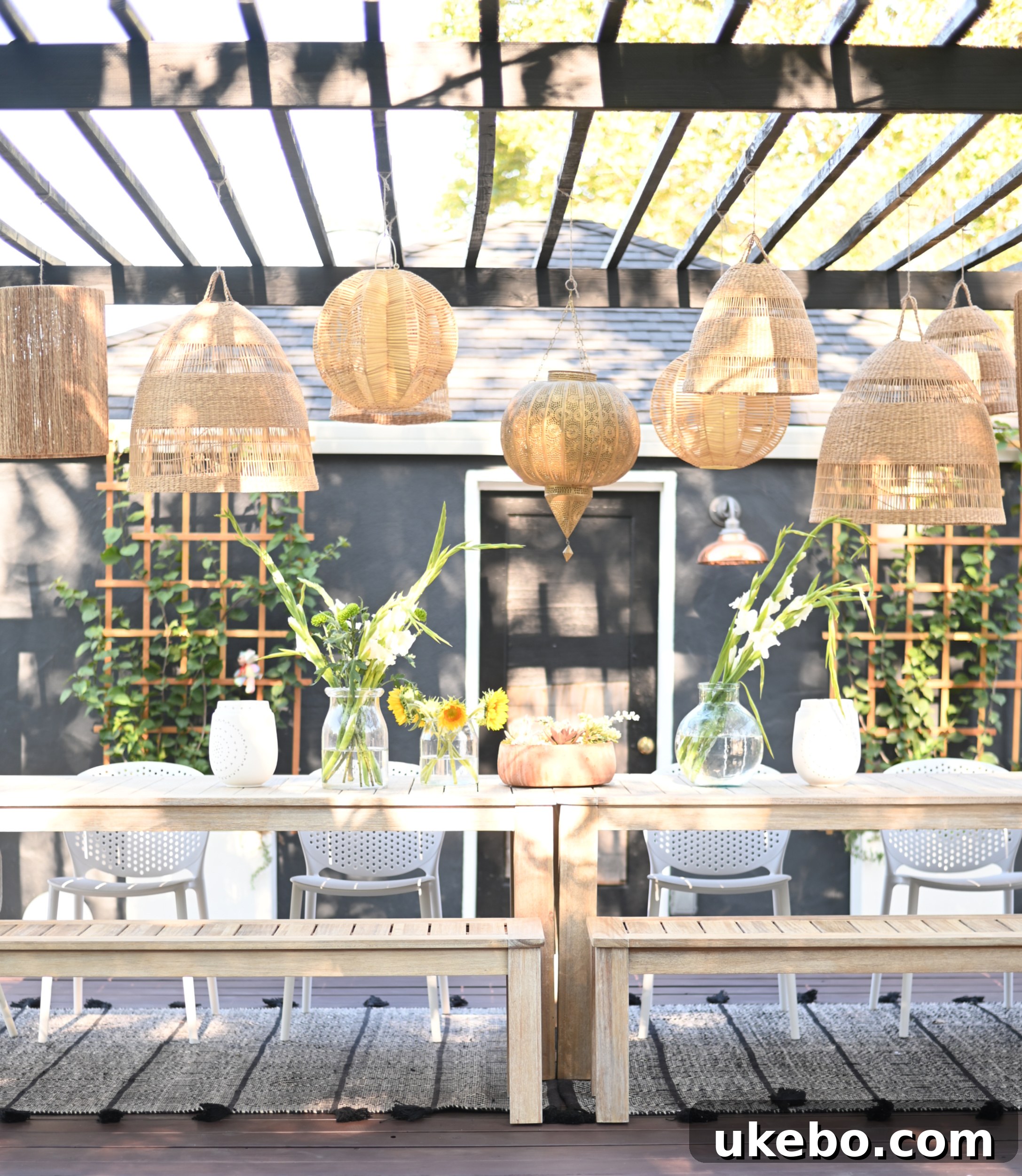 Dining area at twilight with lanterns glowing