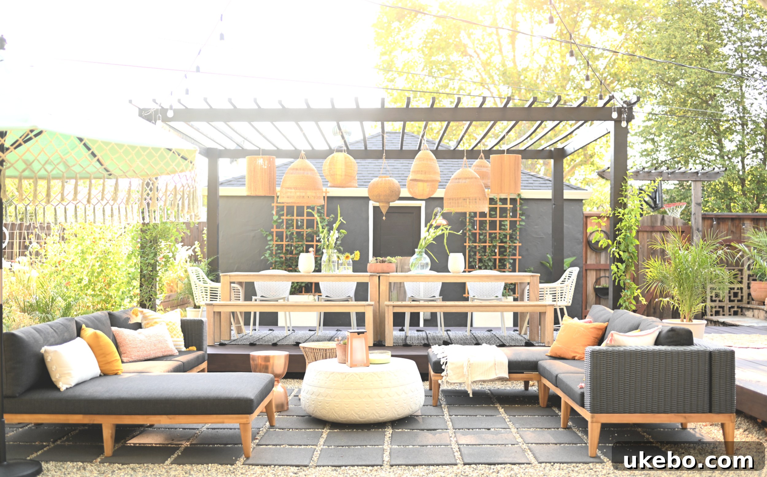 Overview of the patio lounge area with sectionals