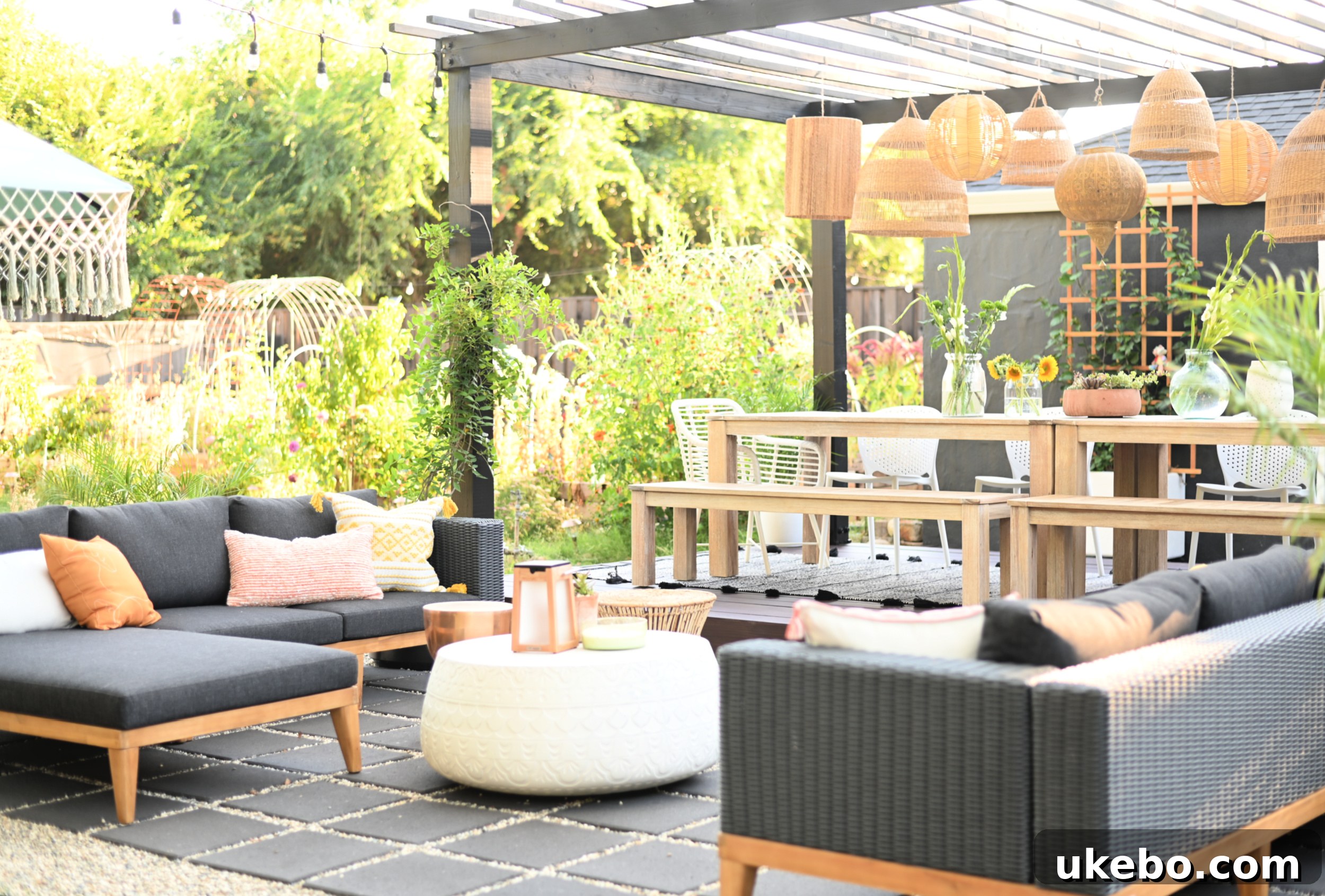 Patio lounge with sectionals and decorative elements