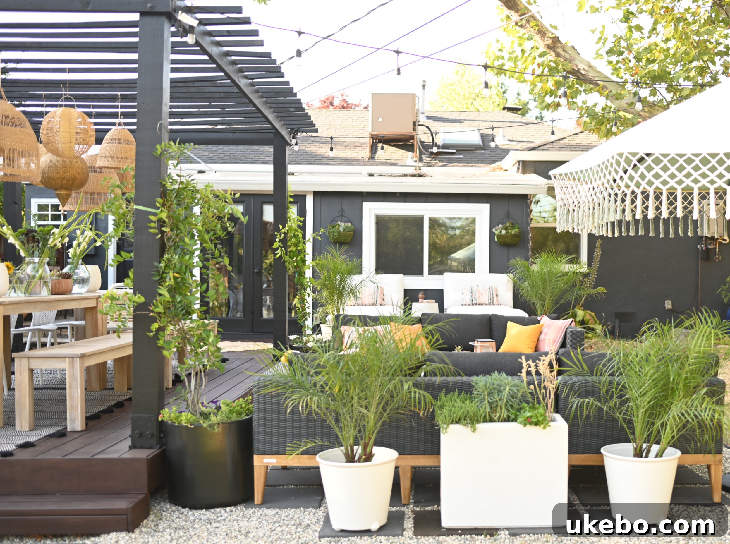 Outdoor patio decor with pillows and plants