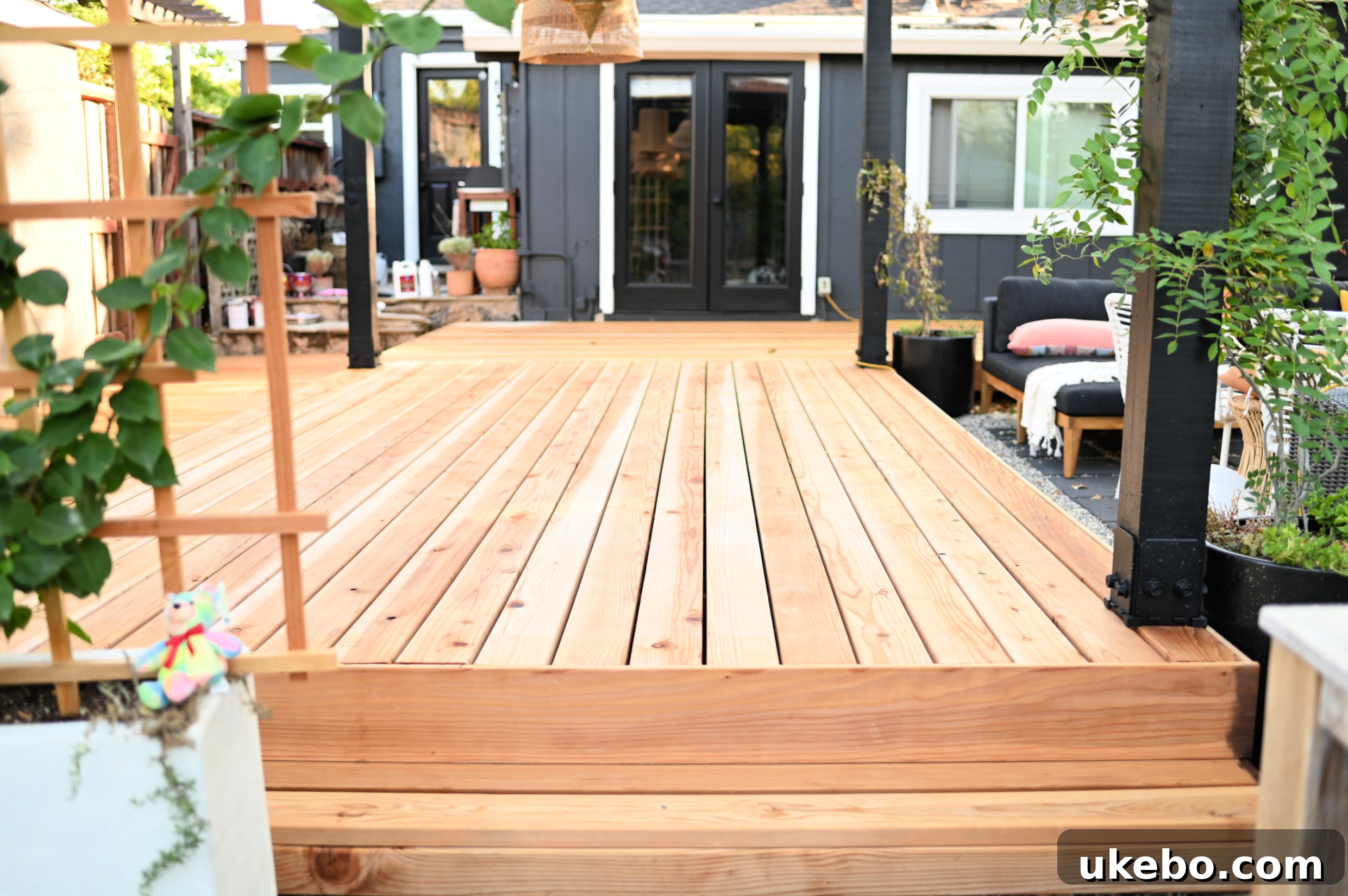 Close-up of the brightened redwood deck surface