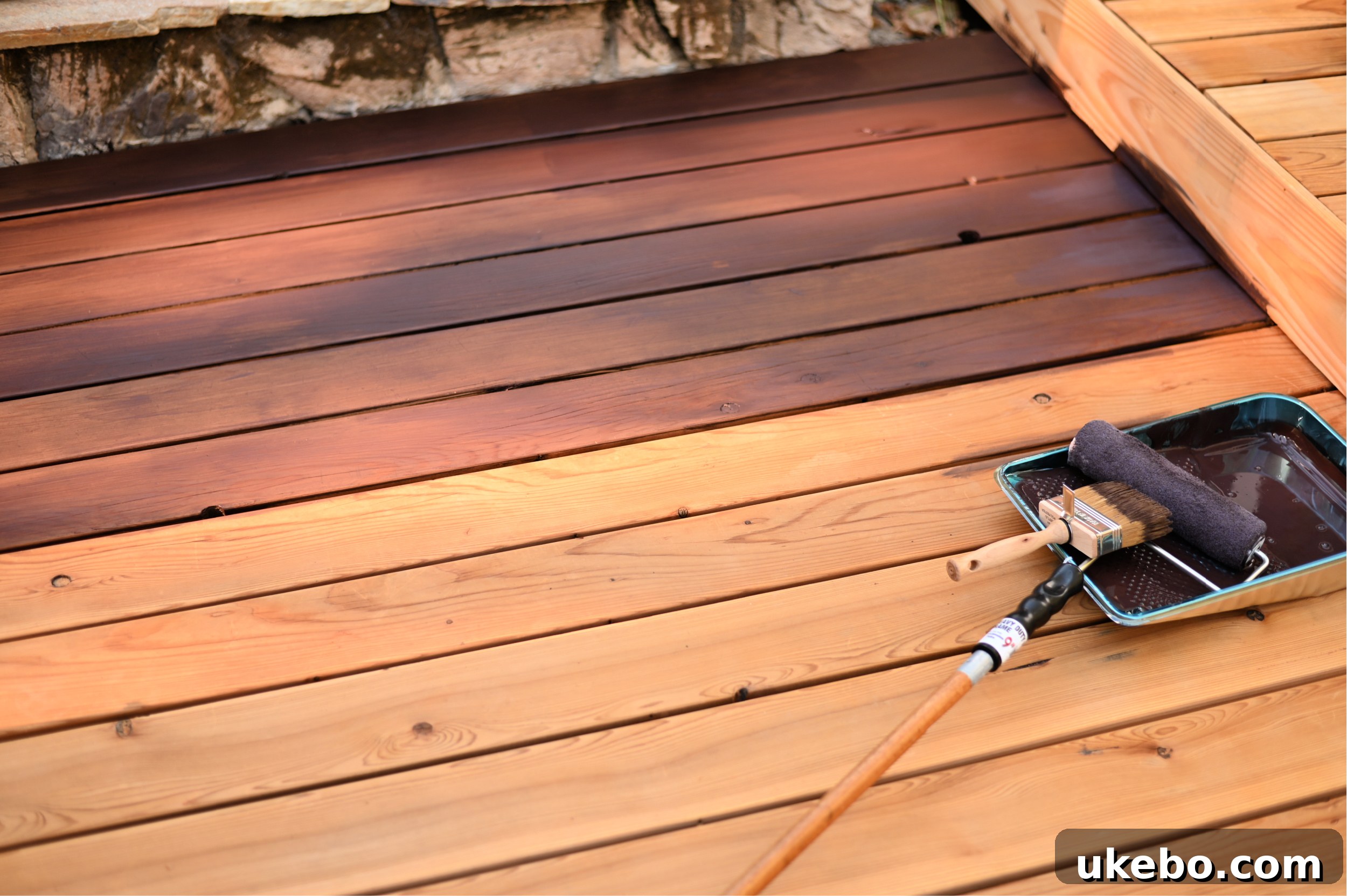 Bringing Our Deck Back to Life with Sherwin-Williams 17 Applying Sherwin-Williams SuperDeck stain with a roller