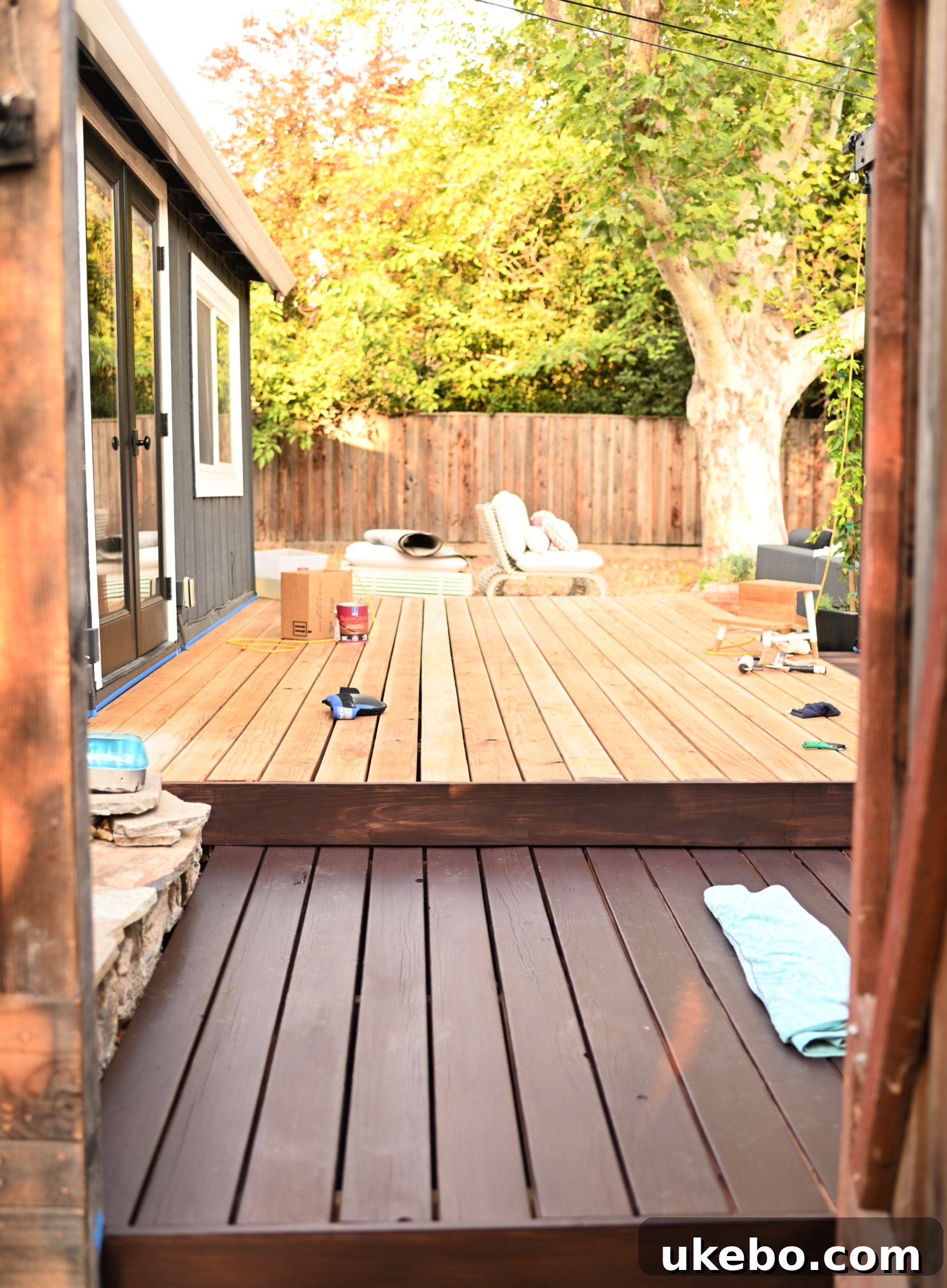 Overhead view of the freshly stained deck boards